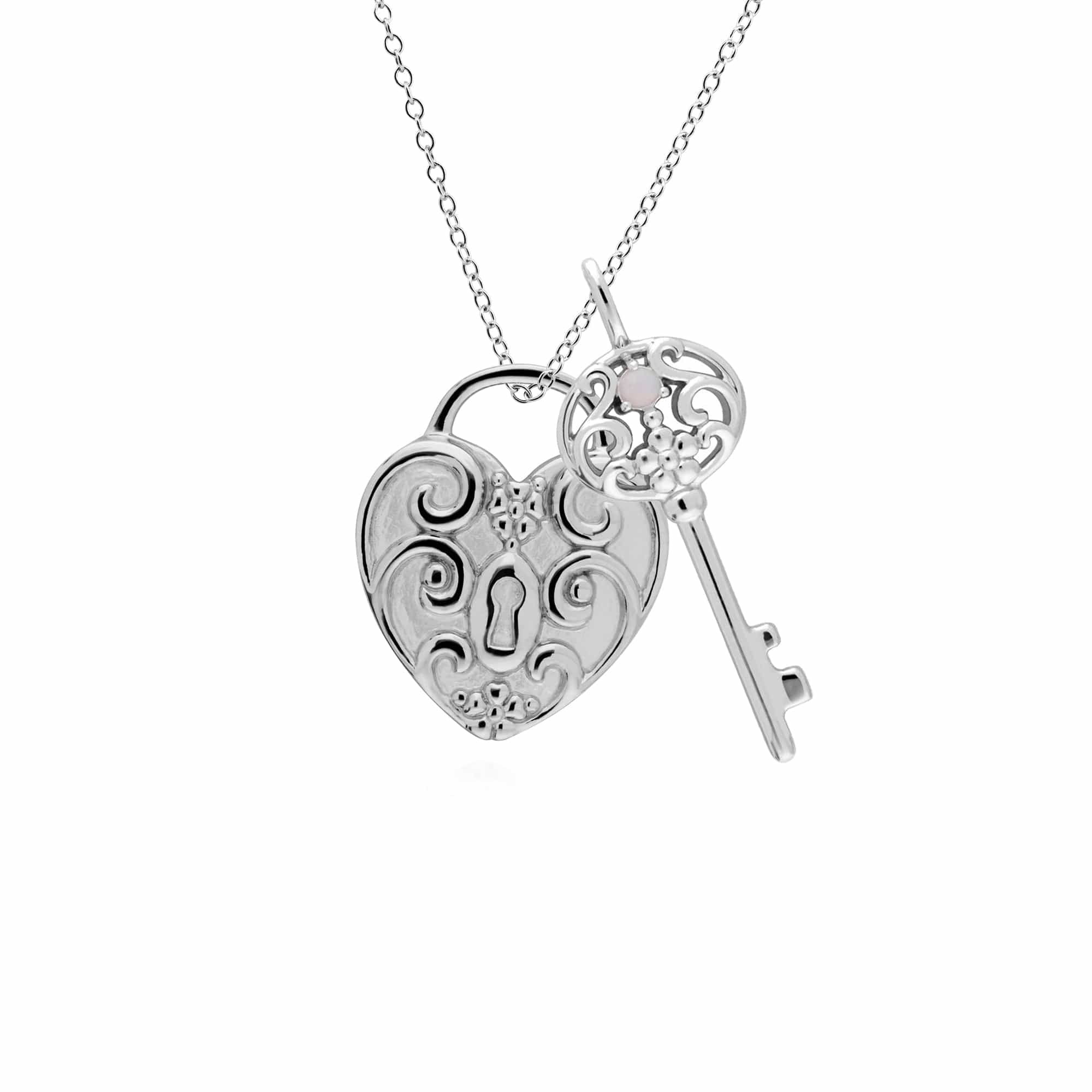 270P026803925-270P026601925 Classic Swirl Heart Lock Pendant & Opal Big Key Charm in 925 Sterling Silver 1