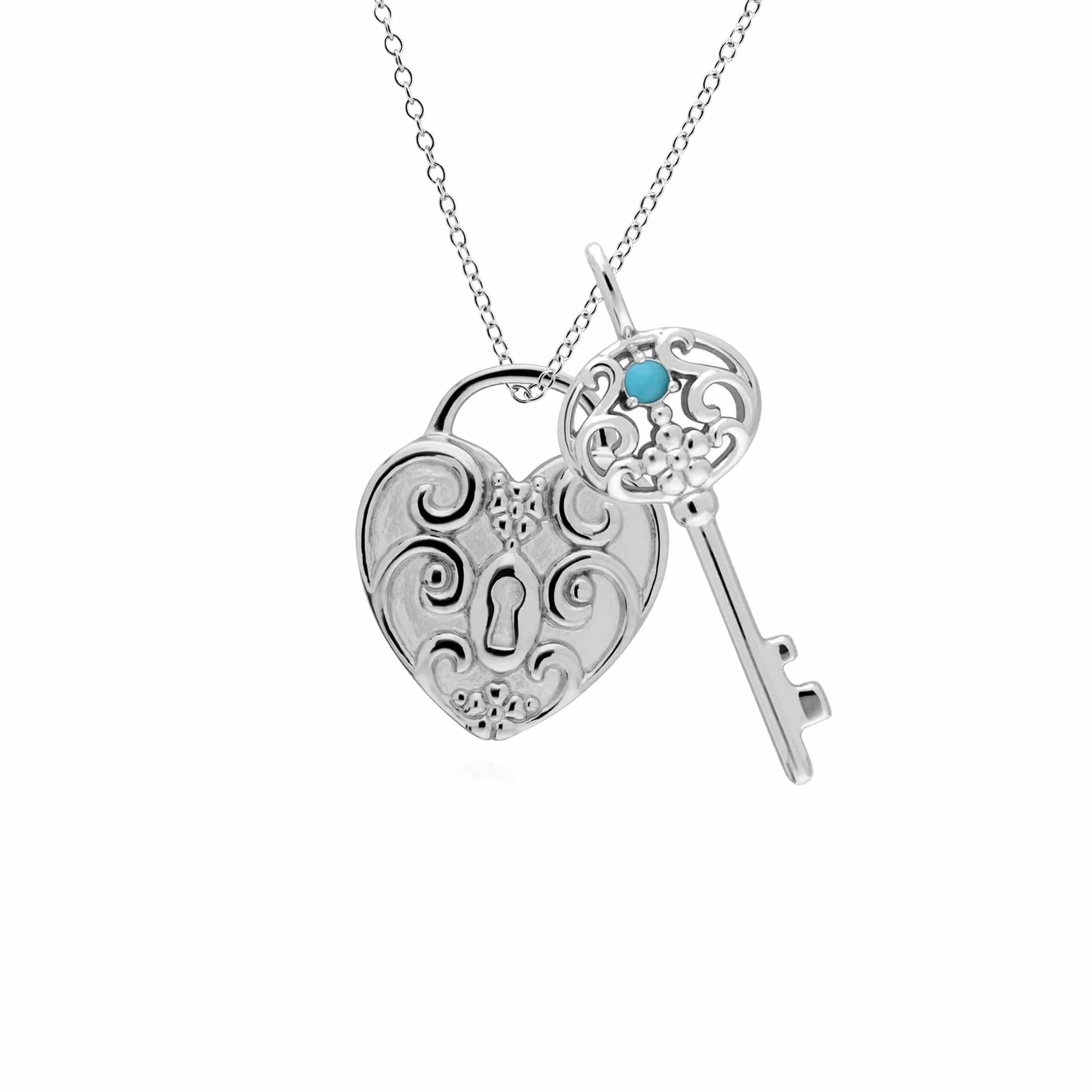 270P026805925-270P026601925 Classic Swirl Heart Lock Pendant & Turquoise Big Key Charm in 925 Sterling Silver 1