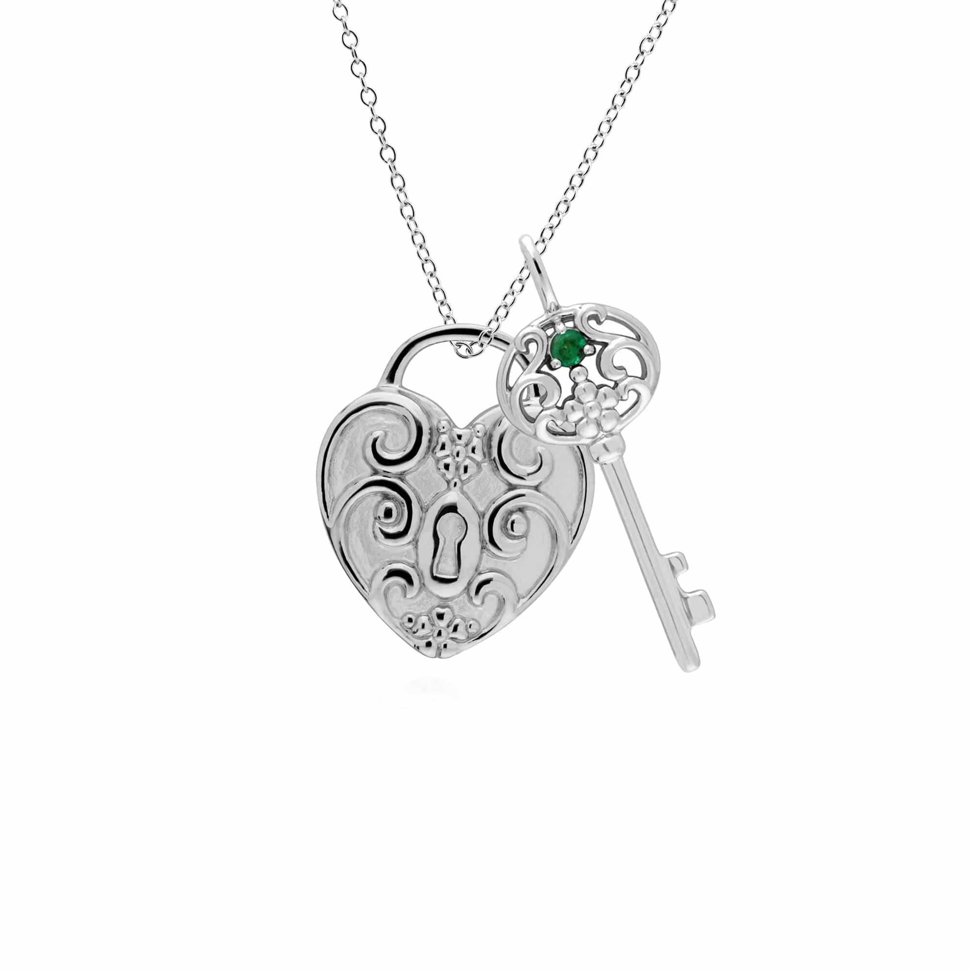 270P026807925-270P026601925 Classic Swirl Heart Lock Pendant & Emerald Big Key Charm in 925 Sterling Silver 1