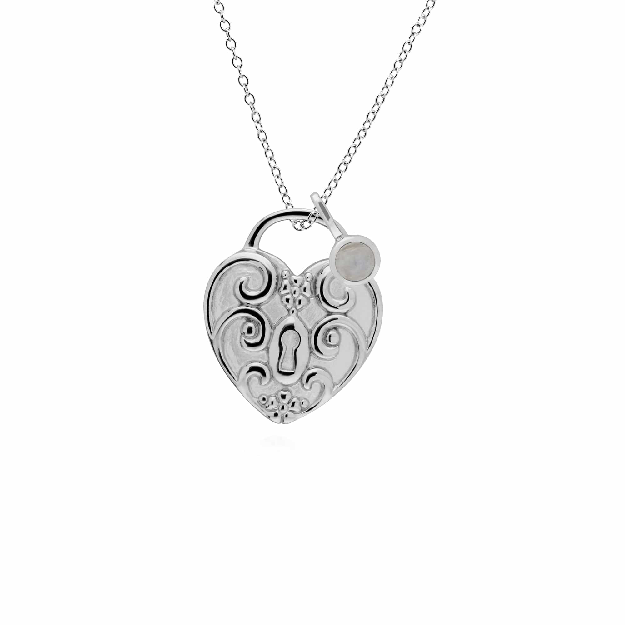 270P028401925-270P026601925 Classic Swirl Heart Lock Pendant & Rainbow Moonstone Charm in 925 Sterling Silver 1
