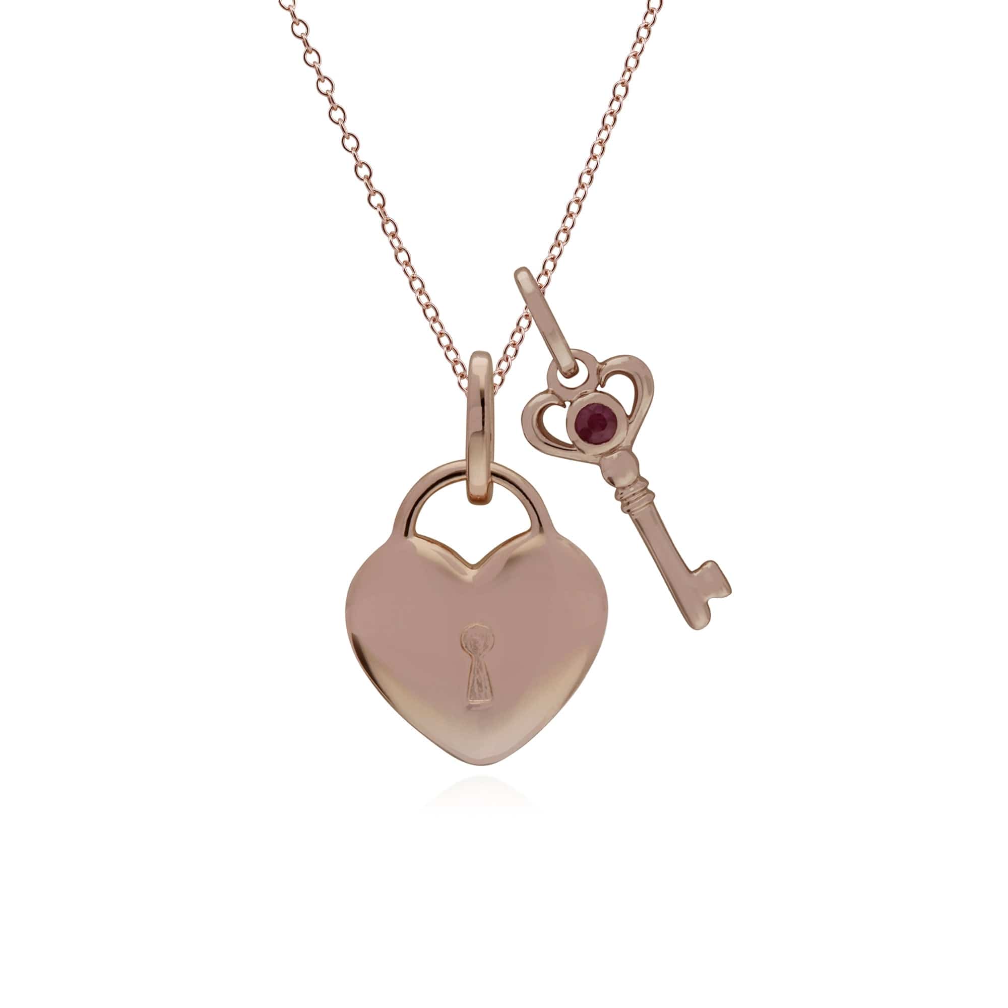 270P026301925-270P026901925 Classic Heart Lock Pendant & Ruby Key Charm in Rose Gold Plated 925 Sterling Silver 1