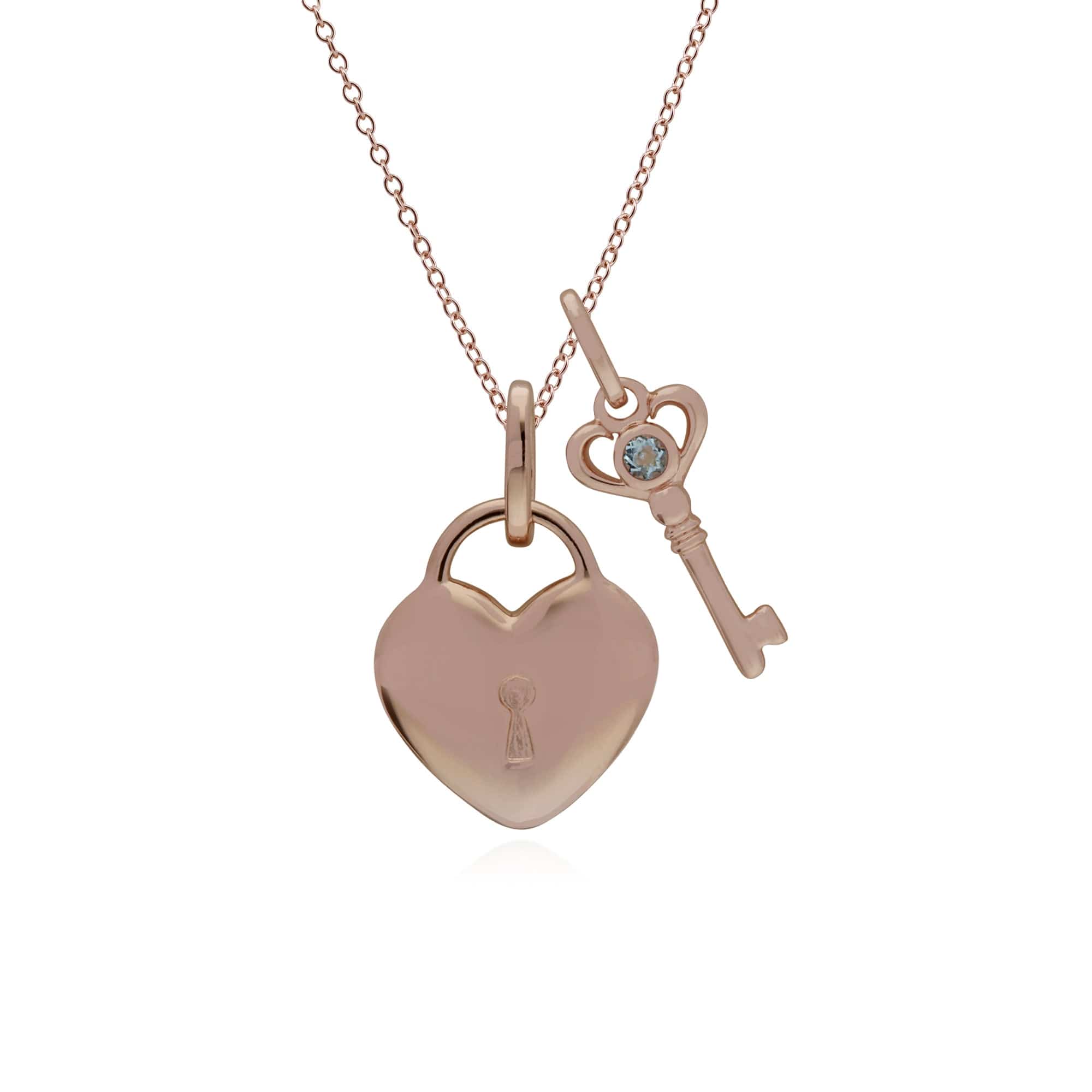 270P026309925-270P026901925 Classic Heart Lock Pendant & Aquamarine Key Charm in Rose Gold Plated 925 Sterling Silver 1