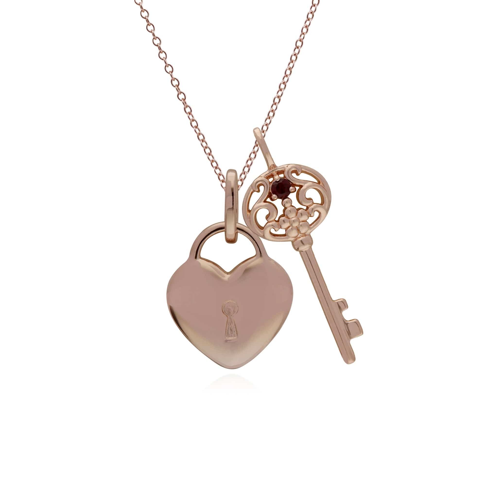 270P026707925-270P026901925 Classic Heart Lock Pendant & Garnet Big Key Charm in Rose Gold Plated 925 Sterling Silver 1