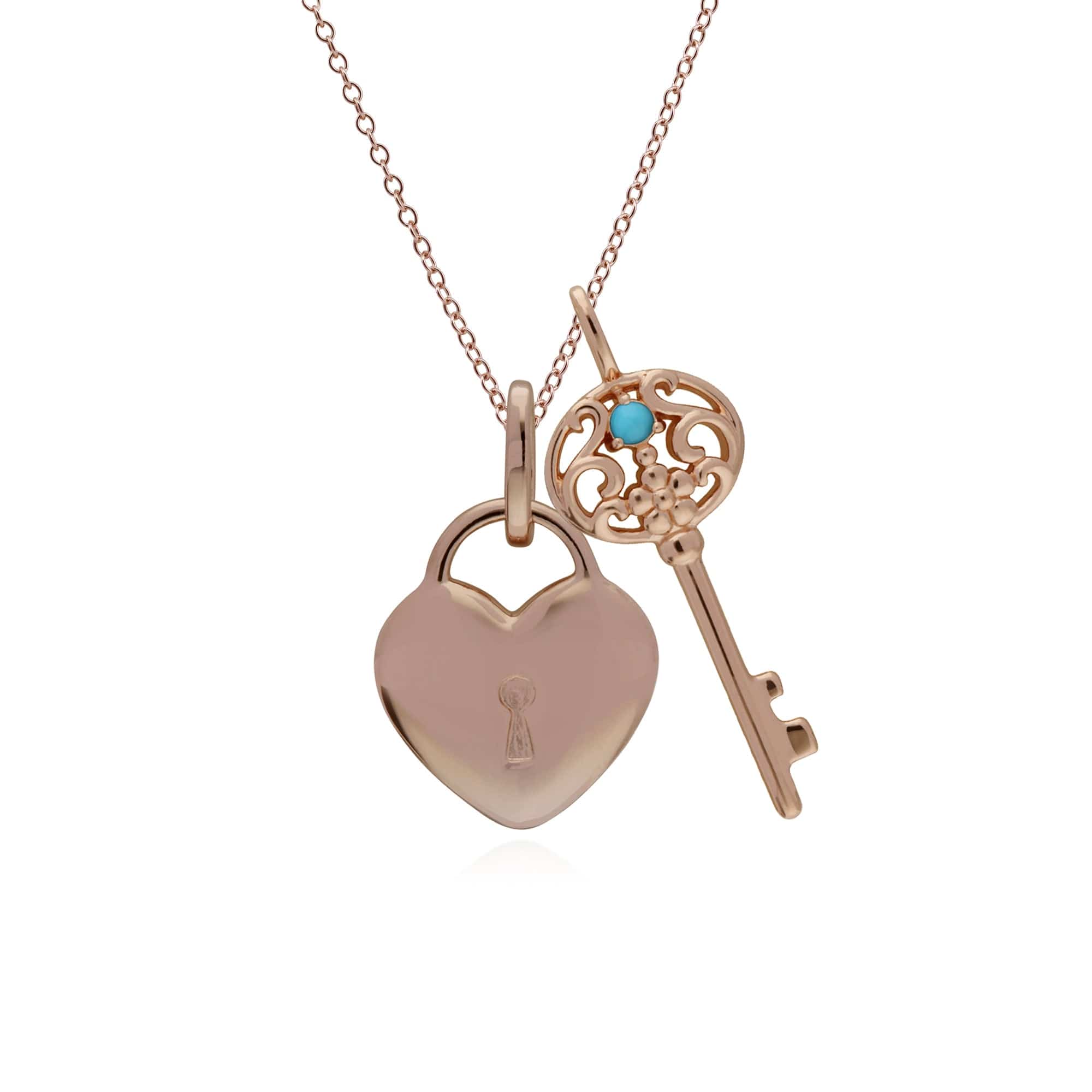 270P026714925-270P026901925 Classic Heart Lock Pendant & Turquoise Big Key Charm in Rose Gold Plated 925 Sterling Silver 1