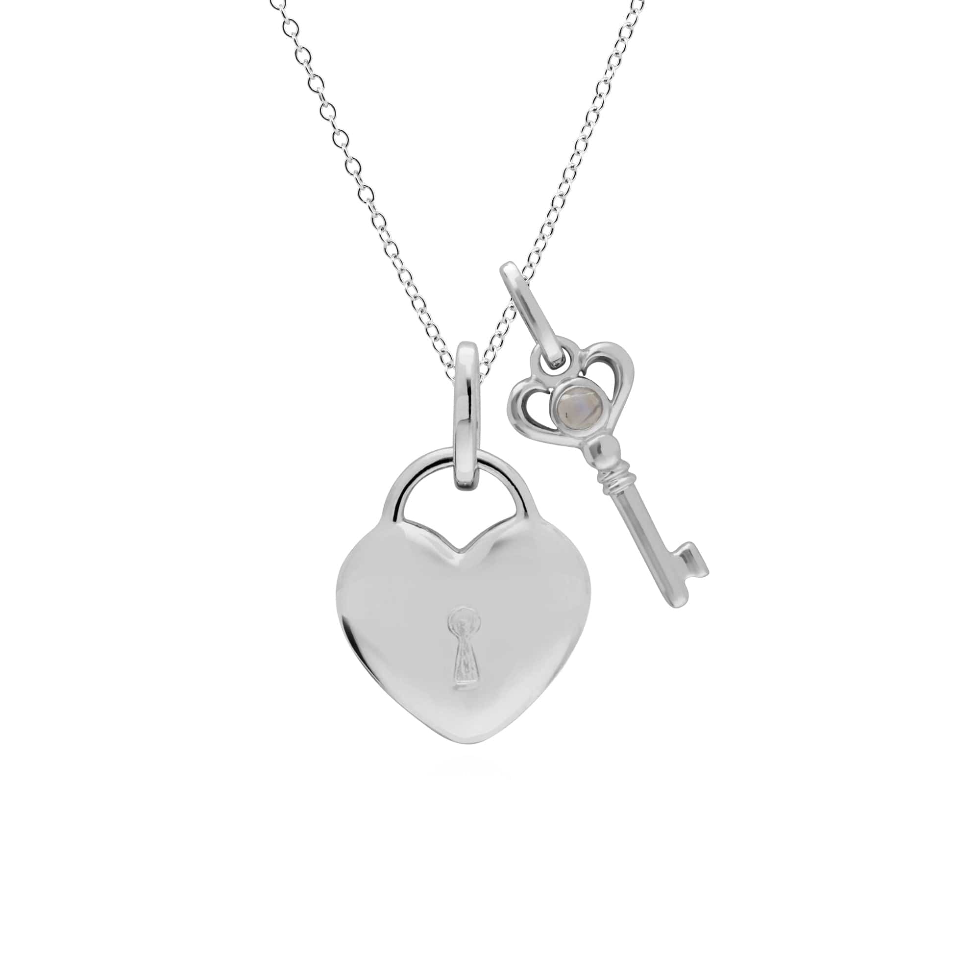 270P027502925-270P027001925 Classic Heart Lock Pendant & Rainbow Moonstone Key Charm in 925 Sterling Silver 1