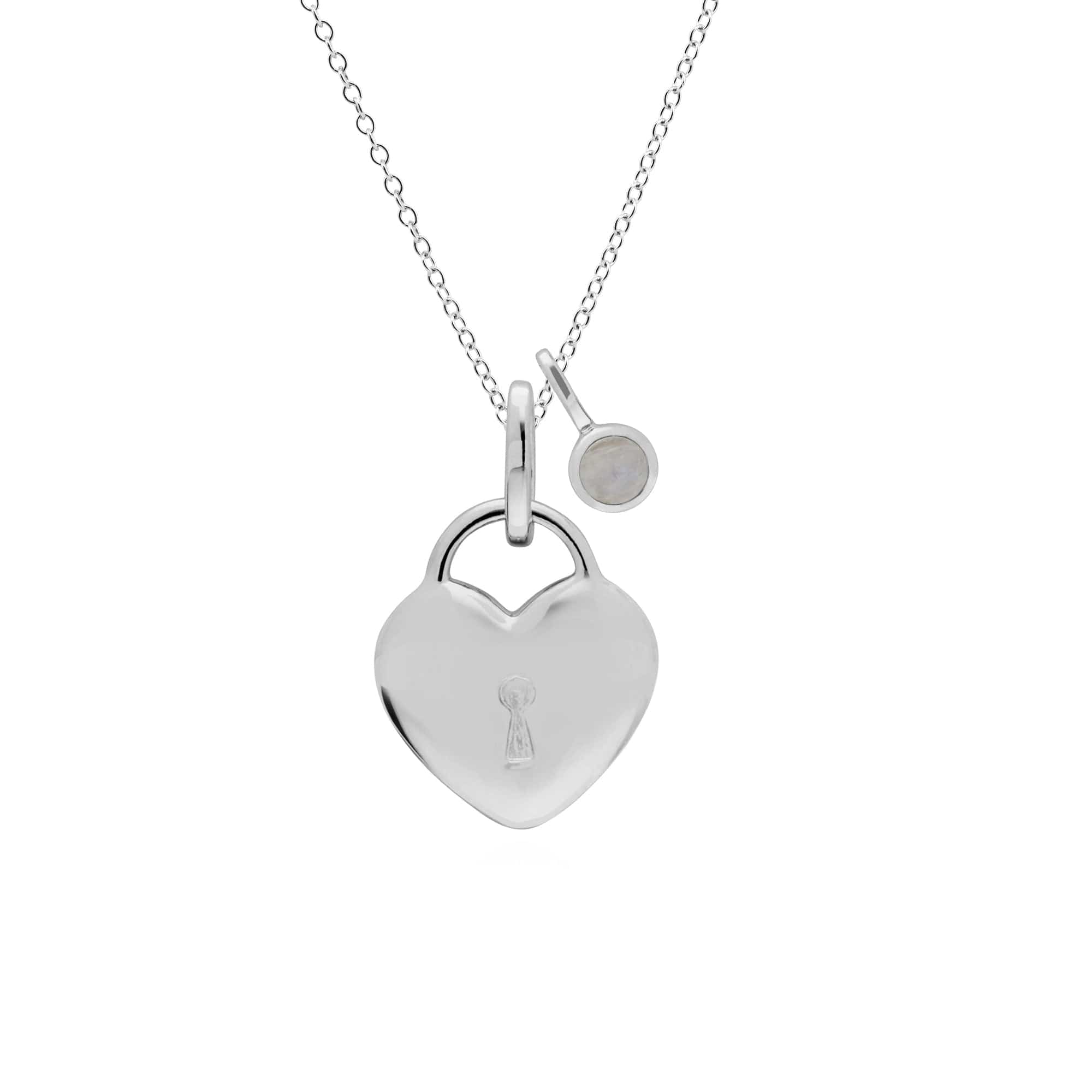 270P028401925-270P027001925 Classic Heart Lock Pendant & Rainbow Moonstone Charm in 925 Sterling Silver 1