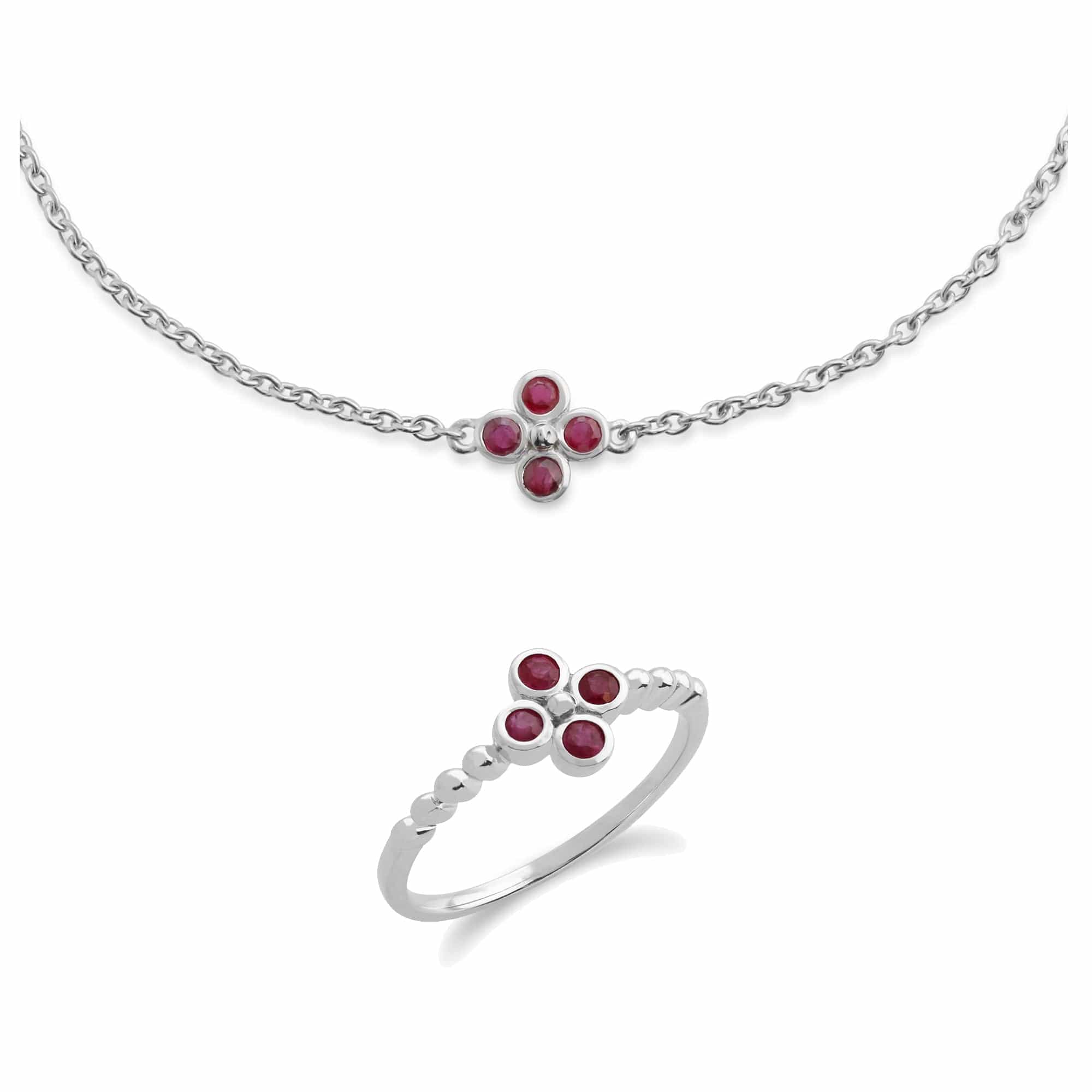 270L009702925-270R048202925 Floral Round Ruby Clover Bracelet & Ring Set in 925 Sterling Silver 1