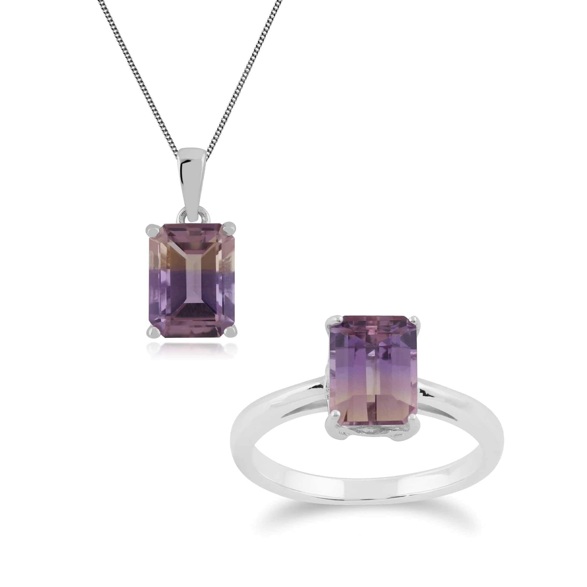270P022902925-270R052802925 Classic Baguette Ametrine Claw Set Pendant & Ring Set in 925 Sterling Silver 1