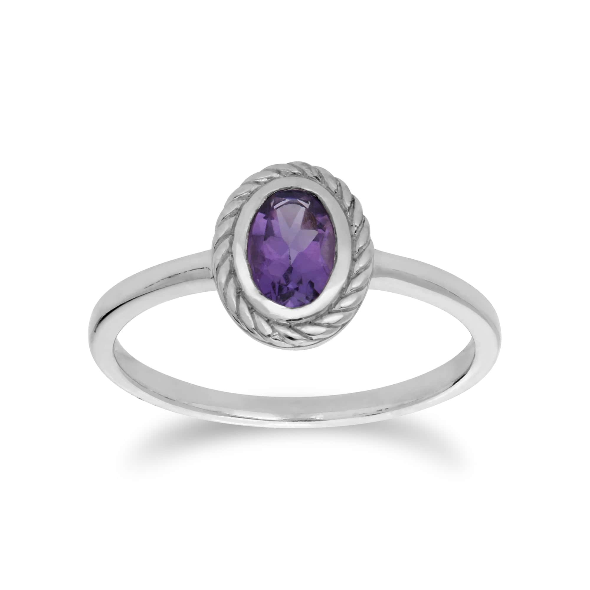 Classic Oval Amethyst Rope Design Ring in 925 Sterling Silver - Gemondo