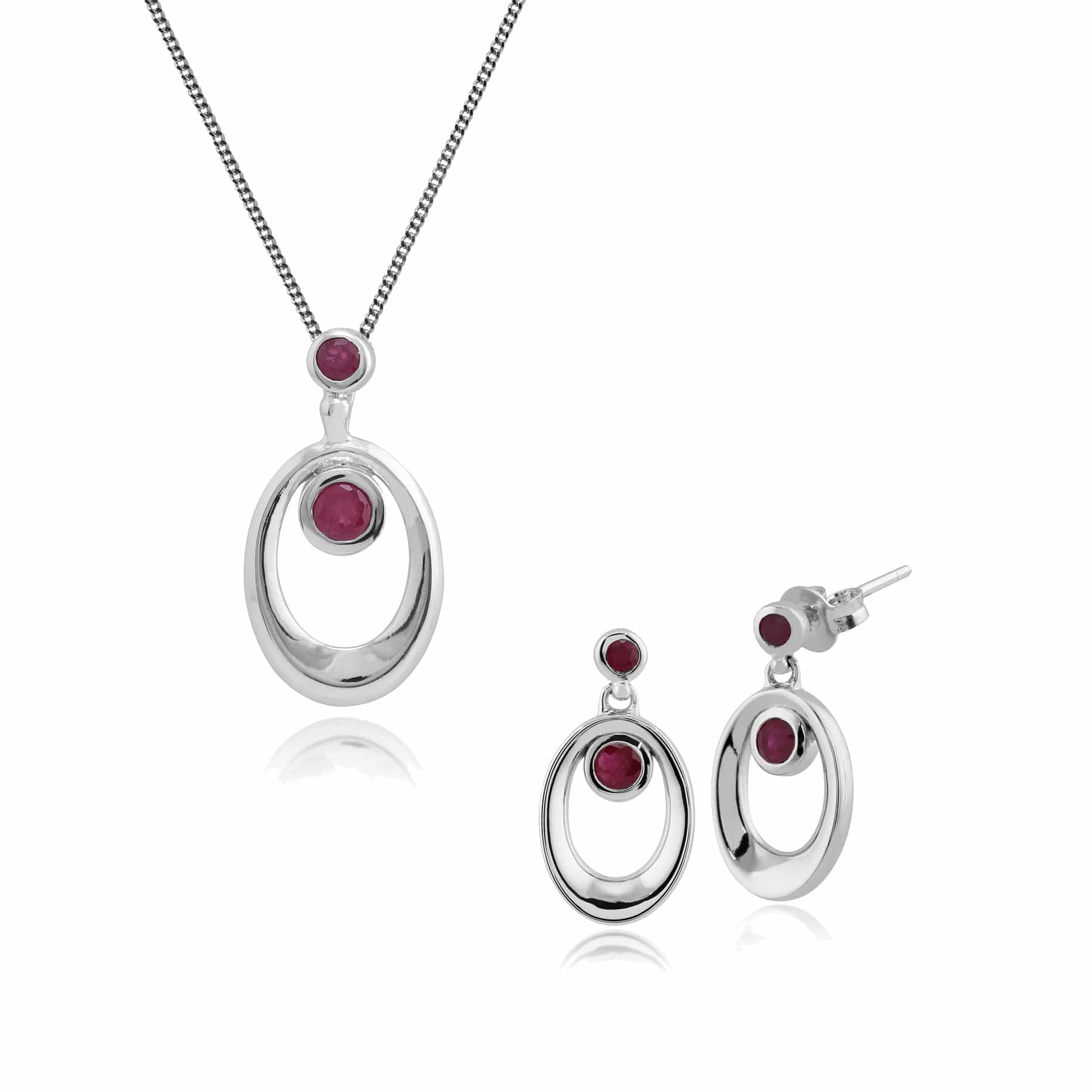 271E014002925-271P013702925 Classic Round Ruby Bezel Oval Halo Drop Earrings & Pendant Set in 925 Sterling Silver 1