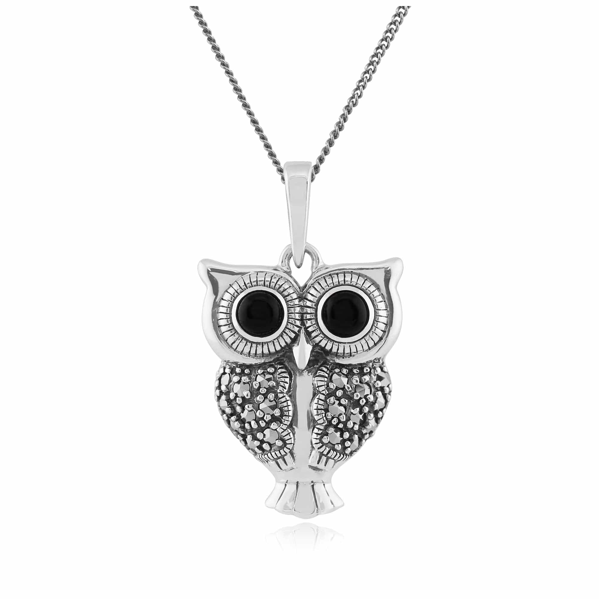 27427 Art Deco Style Round Black Onyx & Marcasite Owl Pendant in 925 Sterling Silver 1