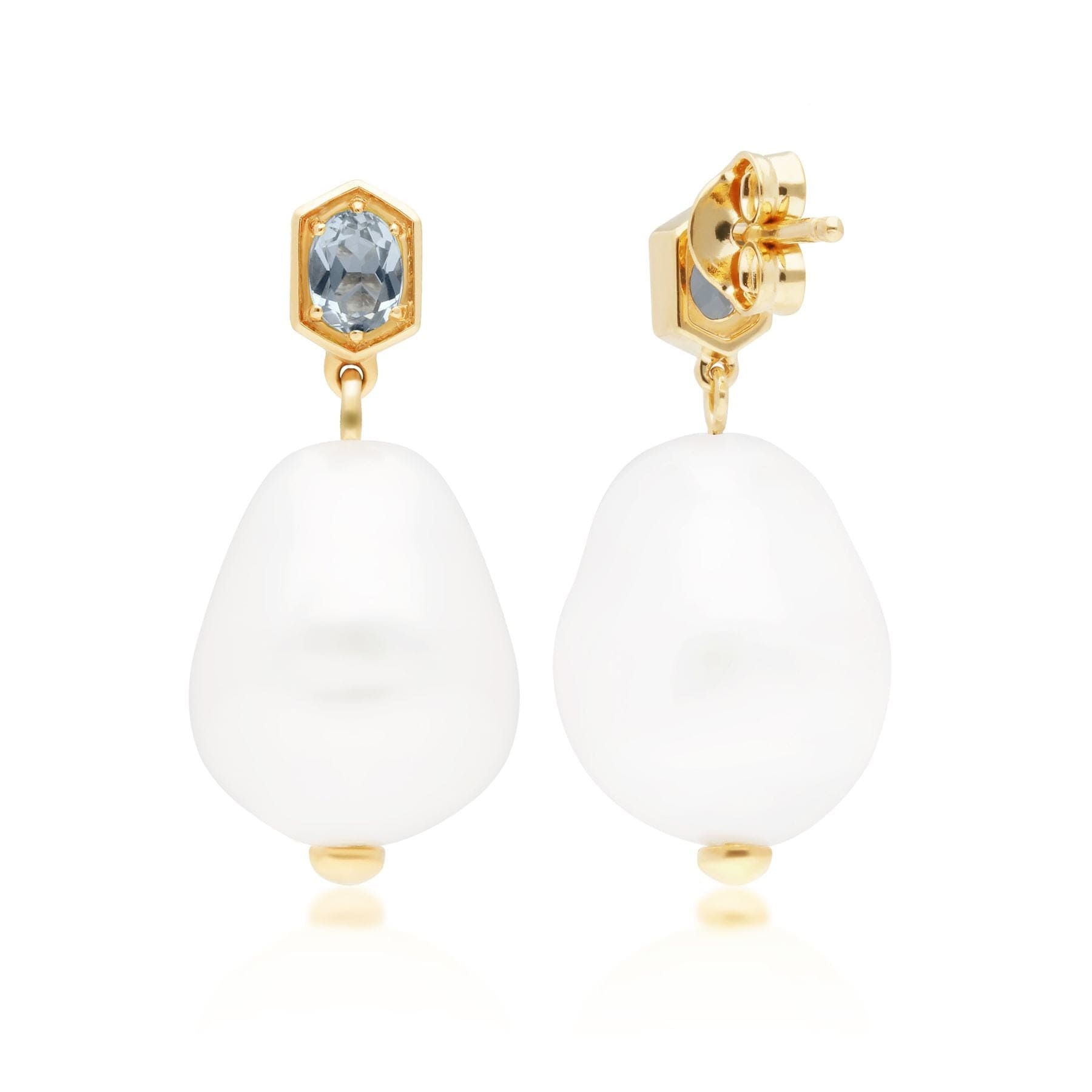 270E028206925 Modern Baroque Pearl & Aquamarine Drop Earrings in Gold Plated Silver 4
