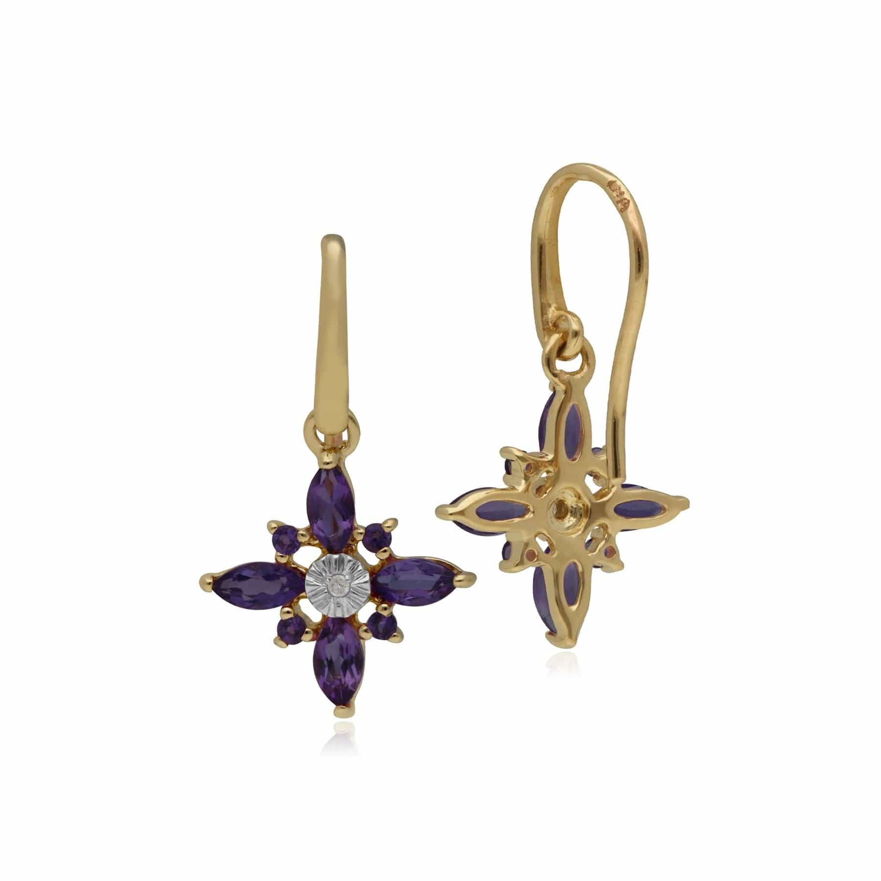 135E1123039 Amethyst & Diamond Starburst Earrings in 9ct Yellow Gold 2