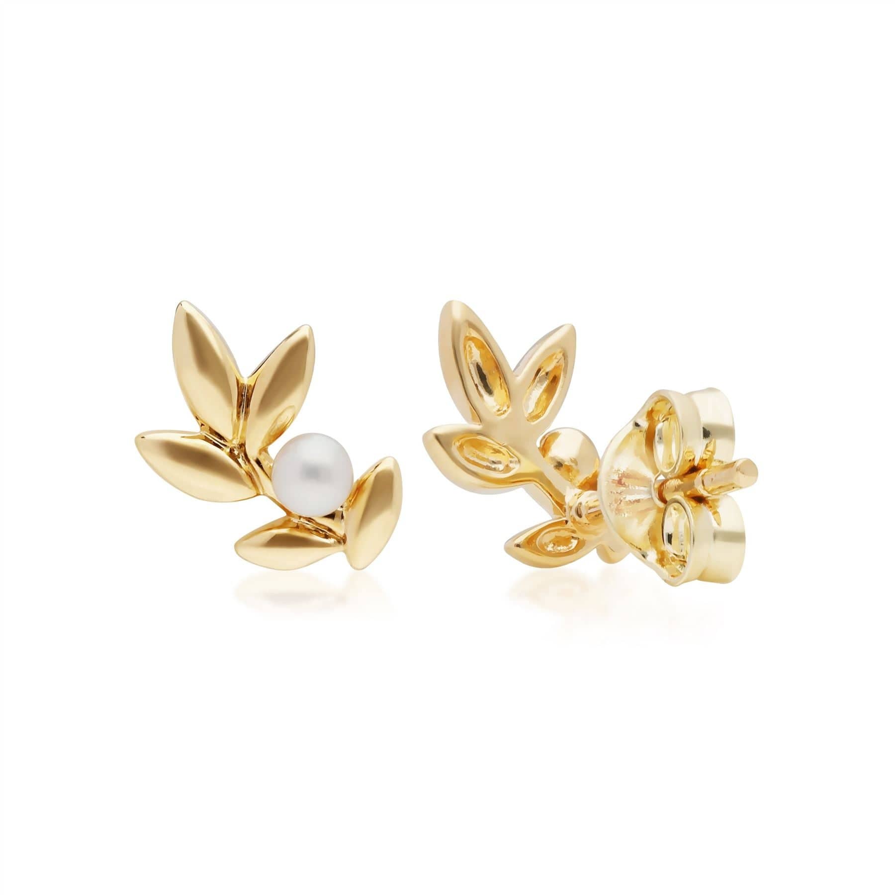 270E028101925 O Leaf Pearl Stud Earrings in Gold Plated Sterling Silver 3