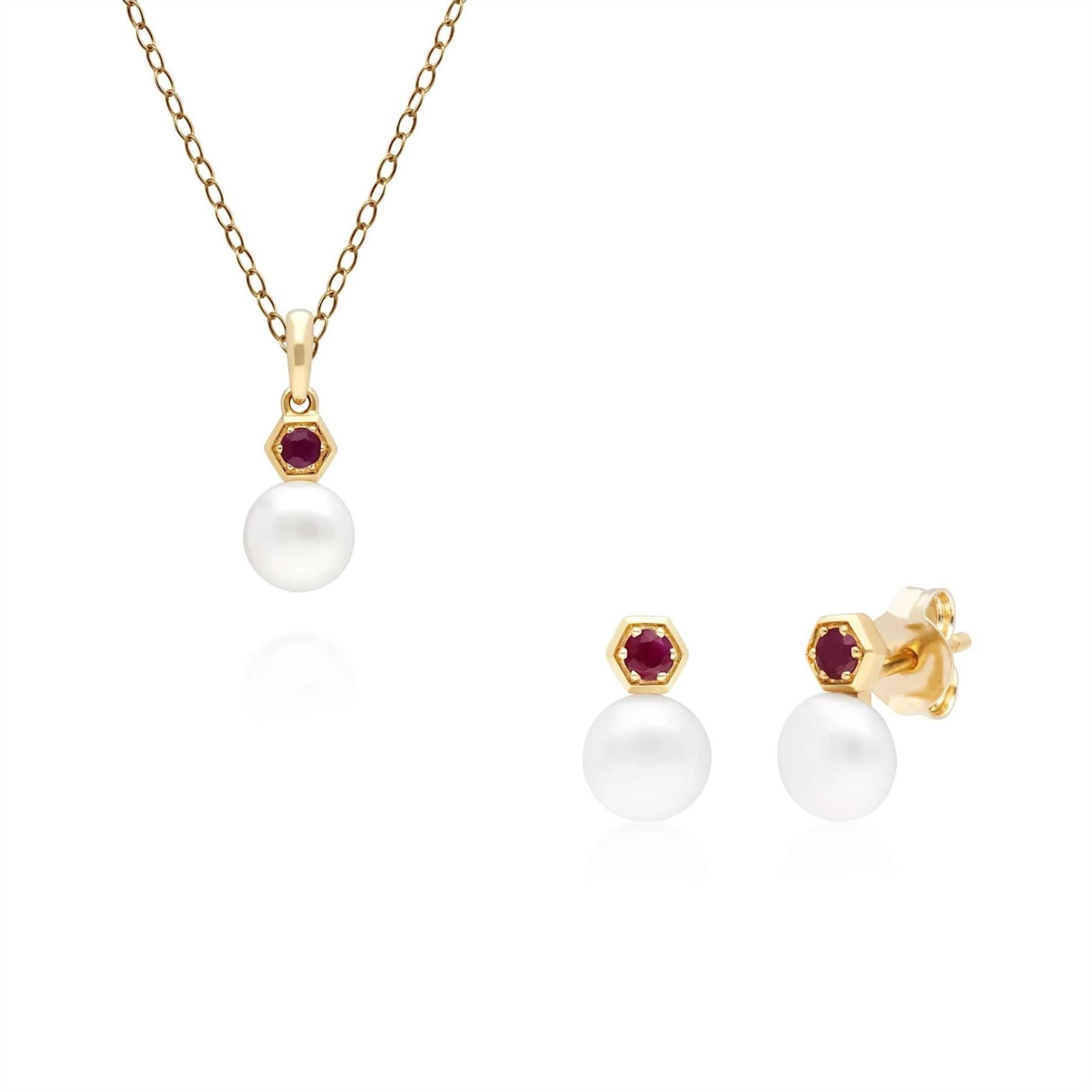 135P1965029-135E1633029 Modern Pearl & Ruby Earring & Pendant Set in 9ct Gold 1