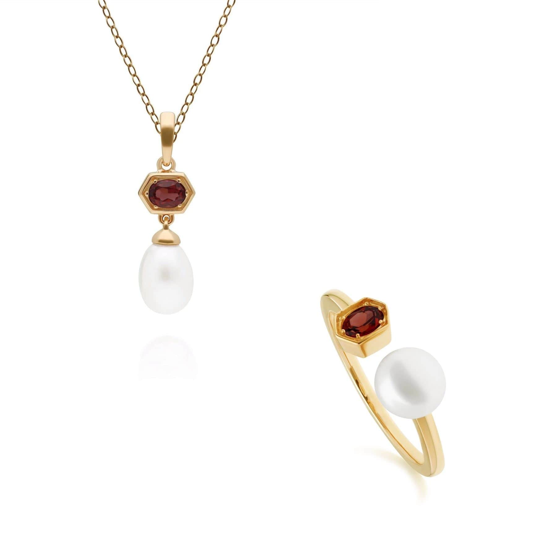 270P030207925-270R058708925 Modern Pearl & Garnet Pendant & Ring Set in Gold Plated Silver 1