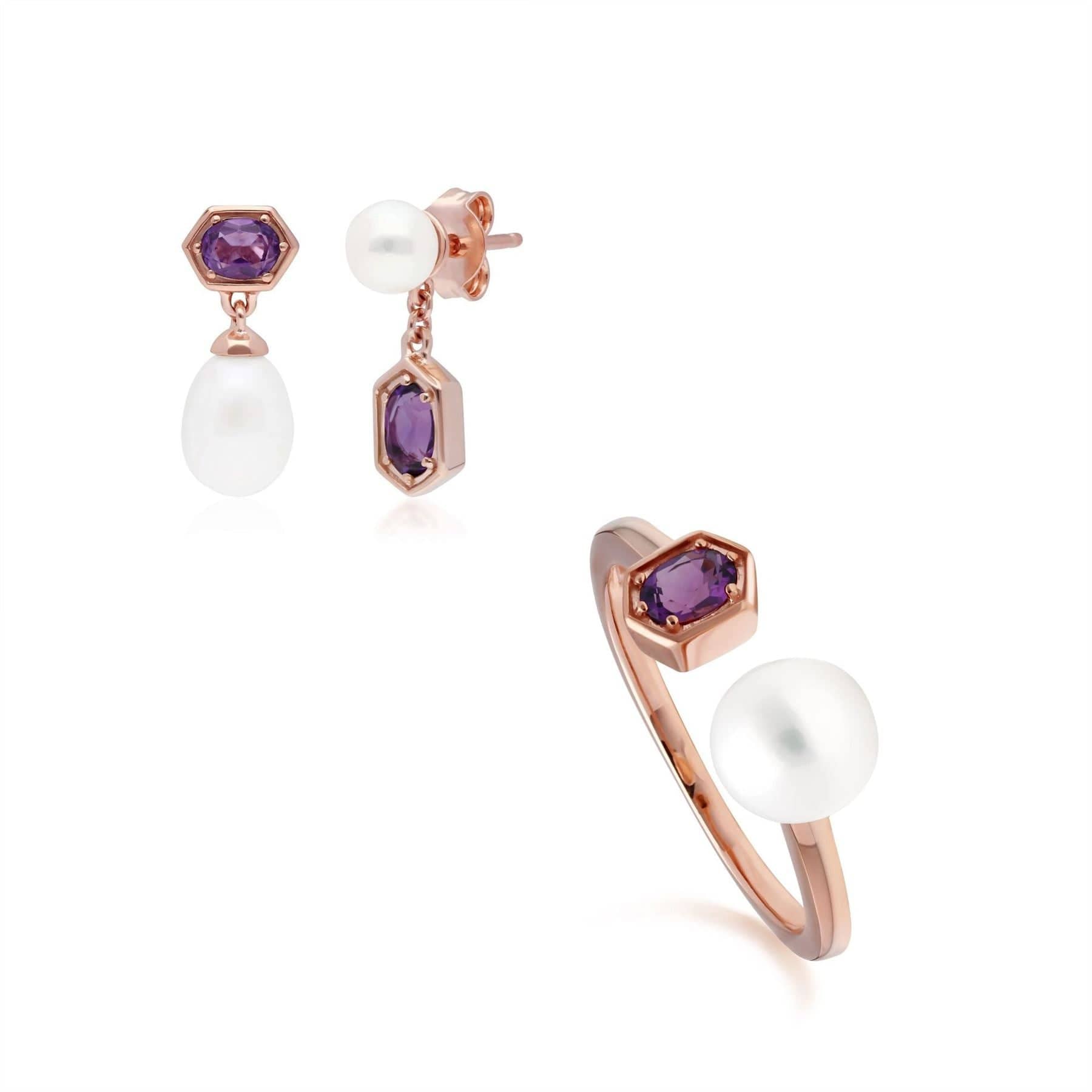 Modern Pearl & Amethyst Earring & Ring Set in Rose Gold Plated Silver - Gemondo