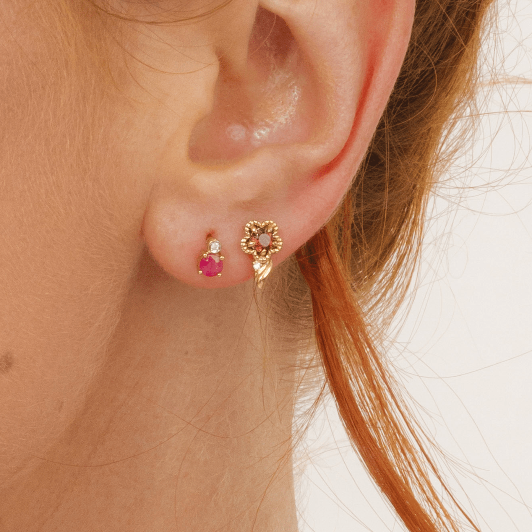 135E1813039 Floral Round Garnet & Diamond Stud Earrings in 9ct Yellow Gold 2
