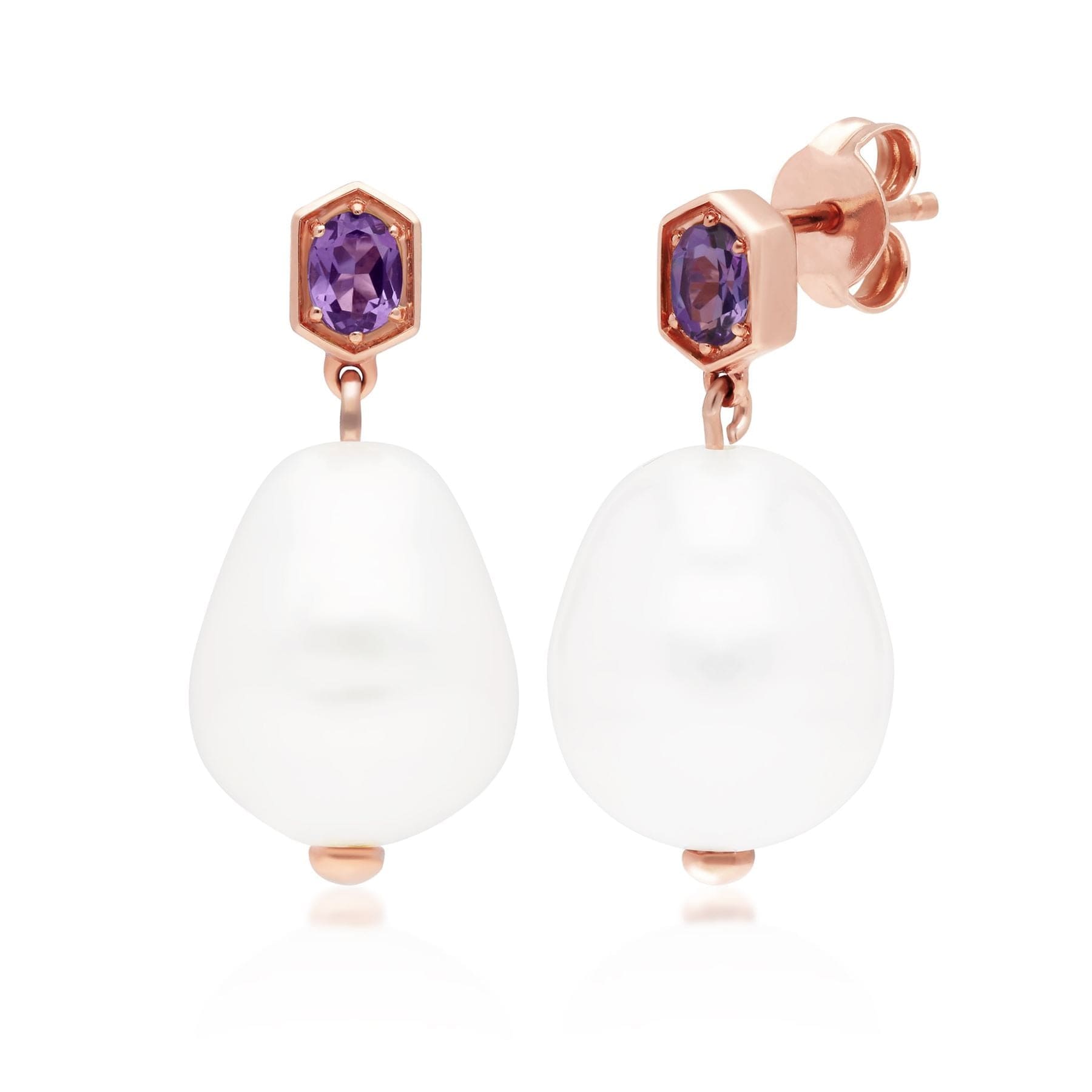 270E030504925 Modern Baroque Pearl & Amethyst Drop Earrings in Rose Gold Plated Silver 1