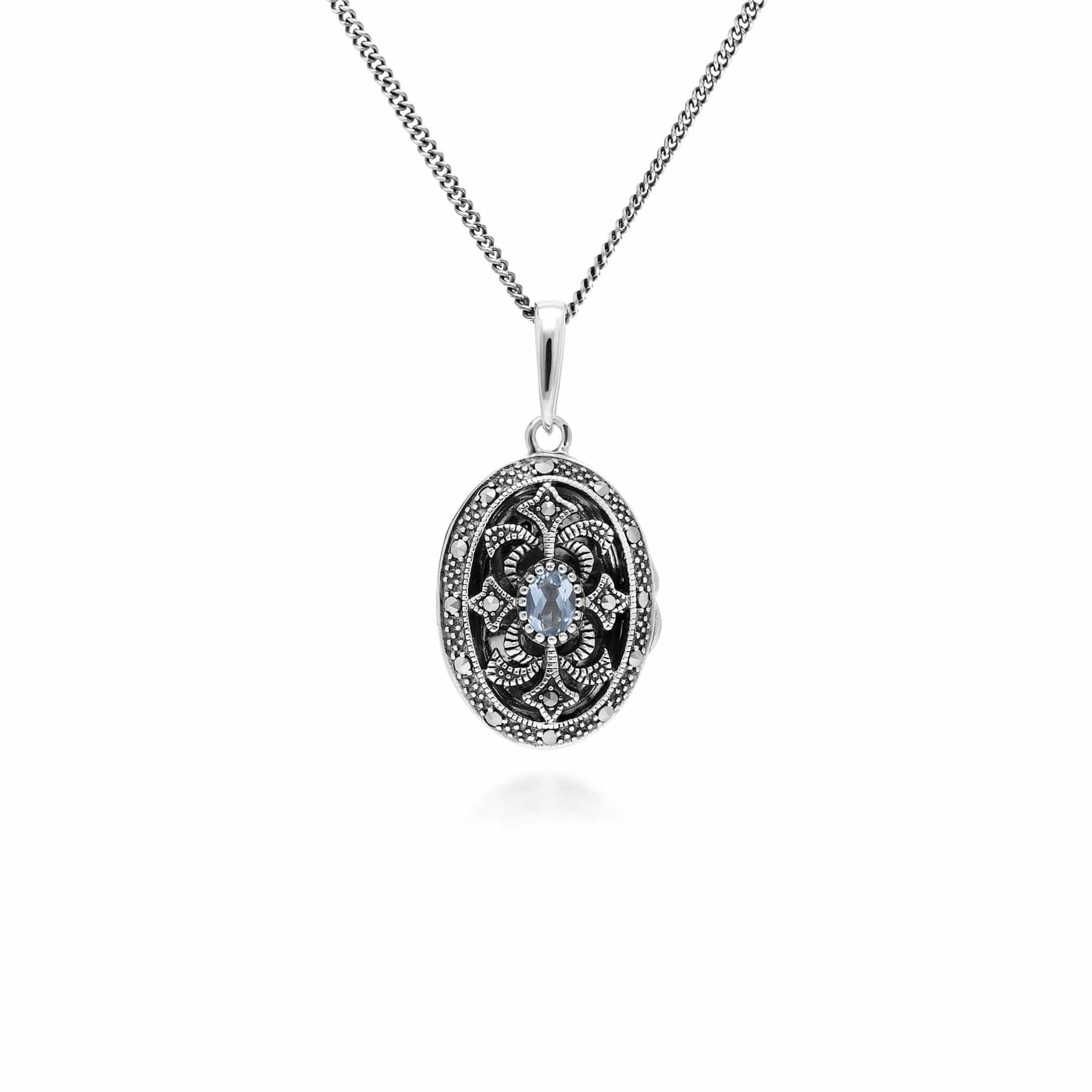 214N716208925 Art Nouveau Style Oval Topaz & Marcasite Locket Necklace in 925 Sterling Silver 1