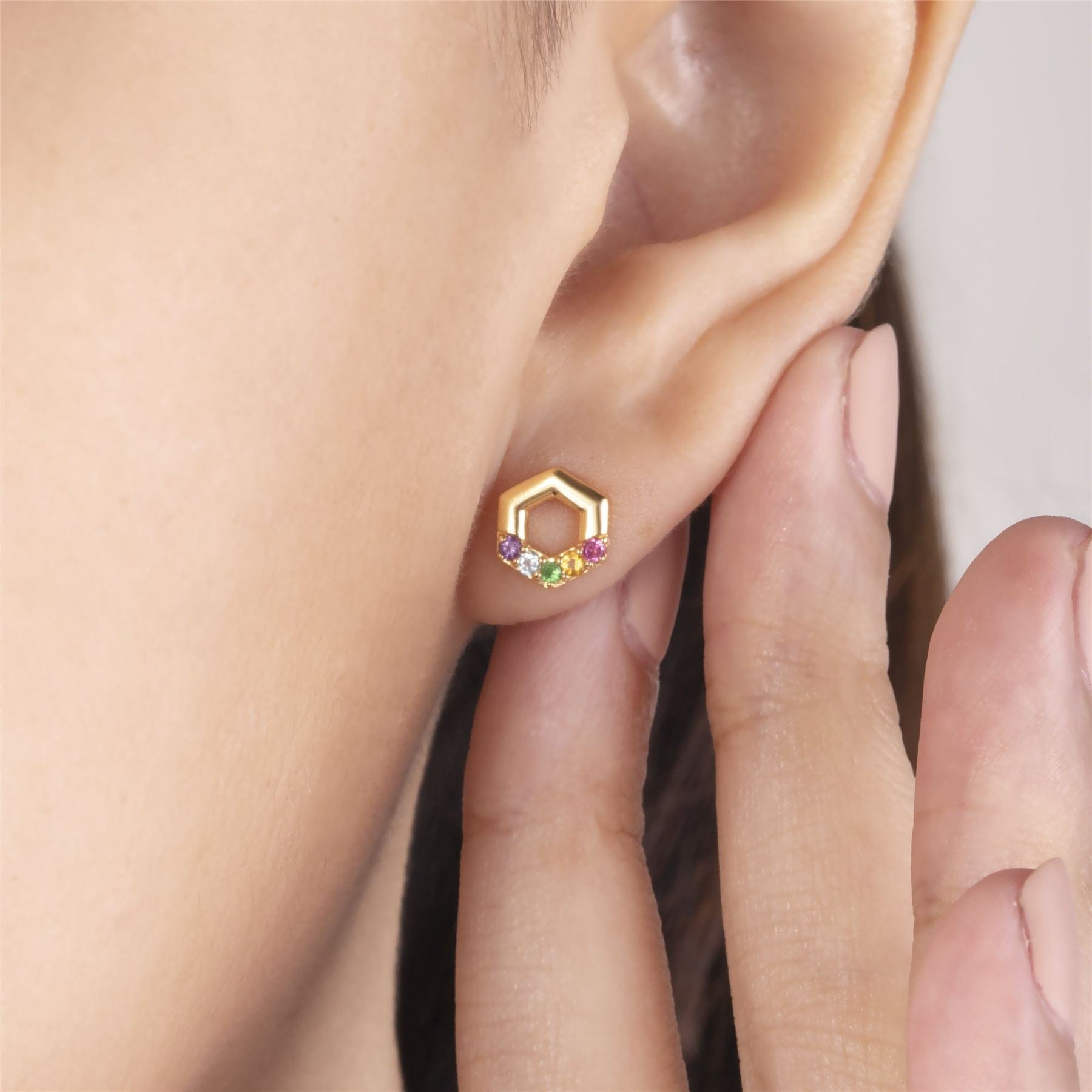 270E031601925 Rainbow Hexagon Stud Earrings in Gold Plated Sterling Silver 2