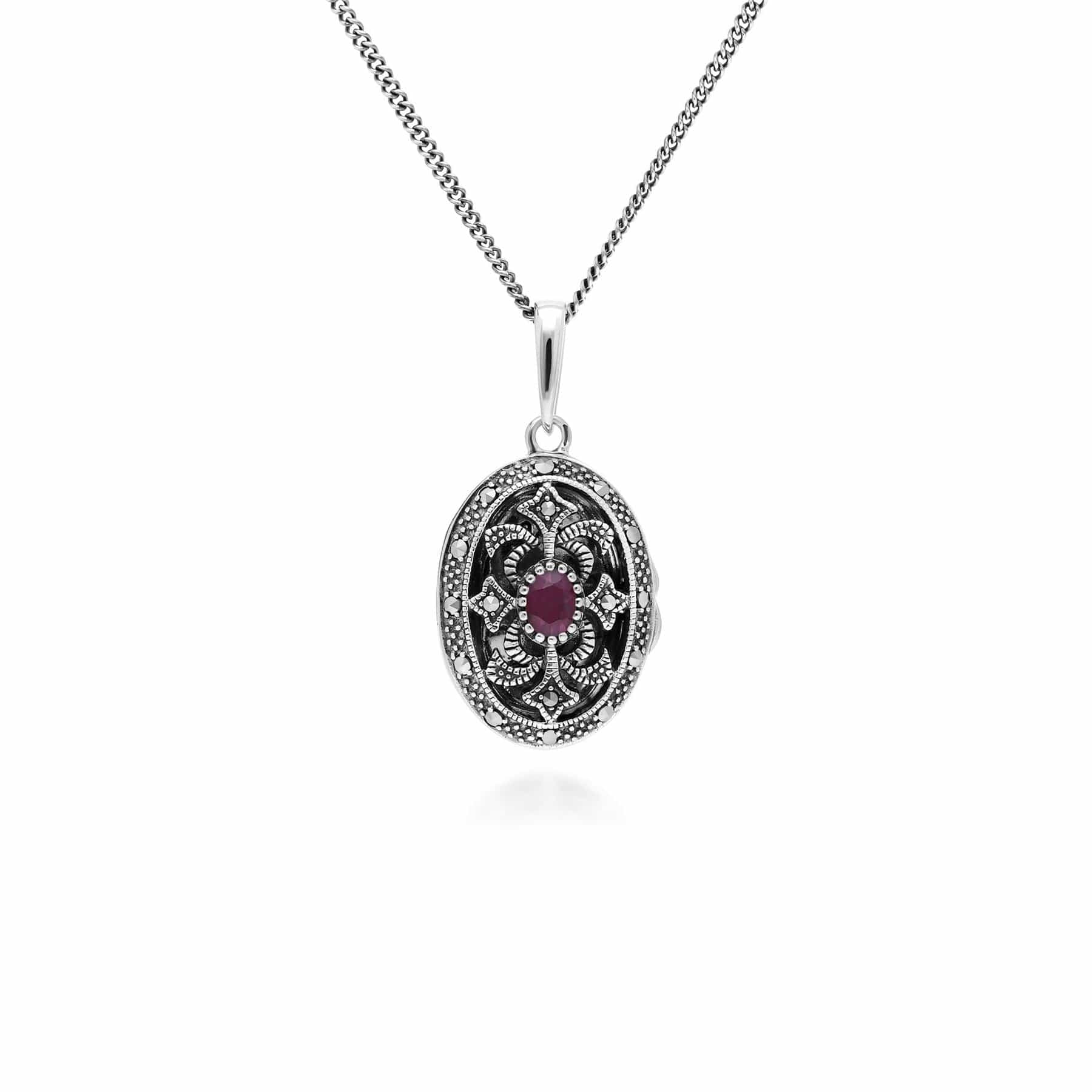 214N716202925 Art Nouveau Style Oval Ruby & Marcasite Locket Necklace in 925 Sterling Silver 1