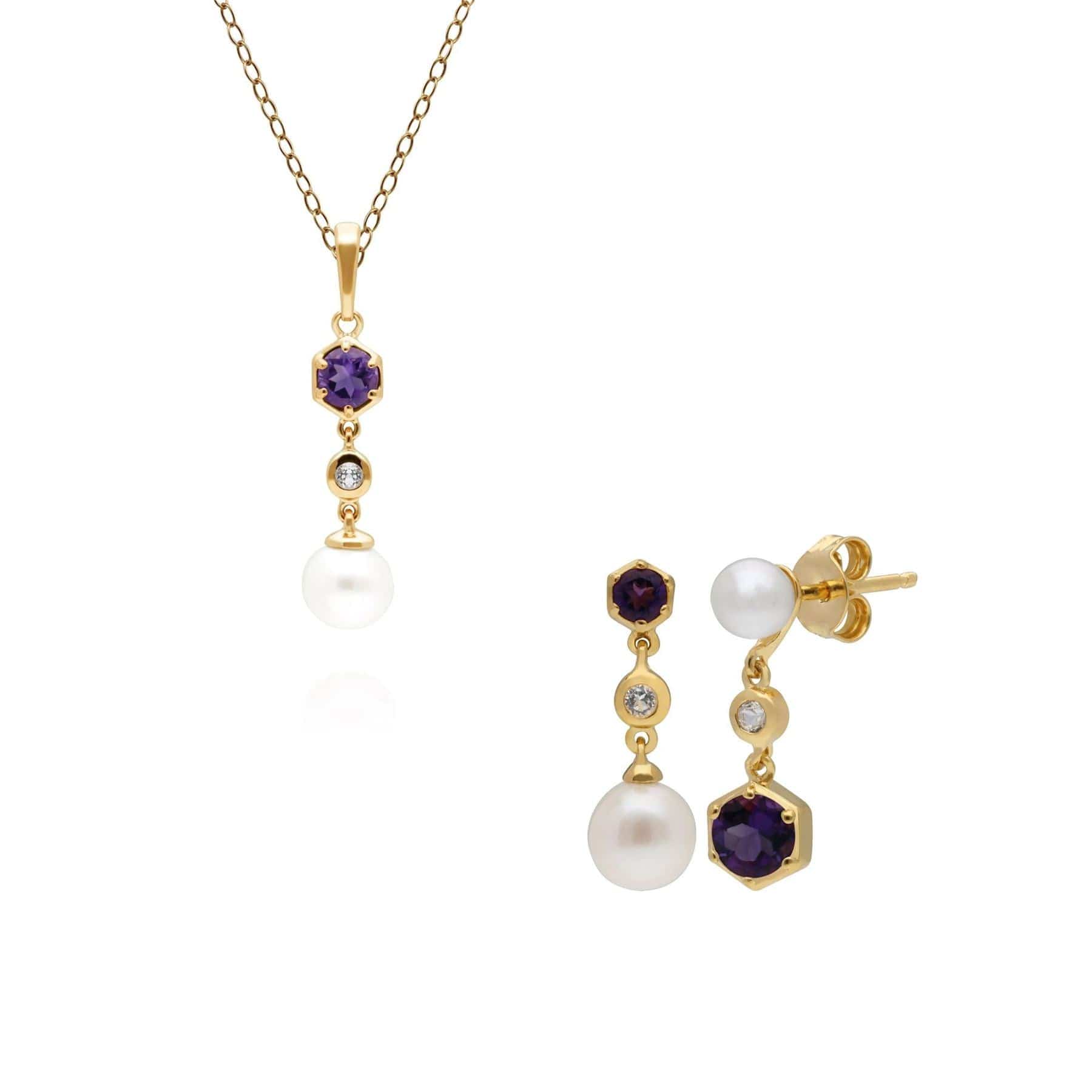 270P030104925-270E030104925 Modern Pearl, Topaz & Amethyst Pendant & Earring Set in Gold Plated Silver 1
