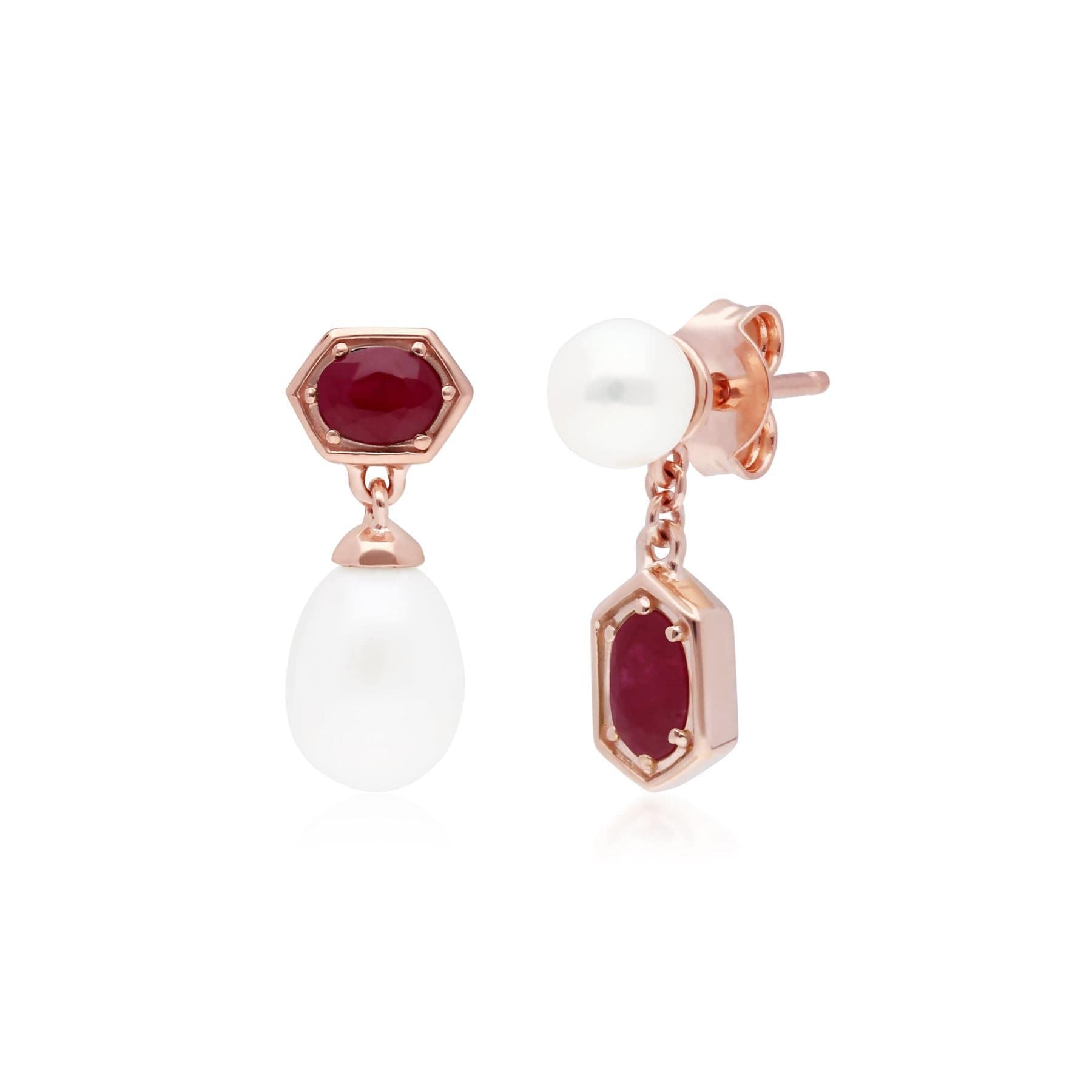 270E030402925 Modern Pearl & Ruby Mismatched Drop Earrings in Rose Gold Plated Silver 1