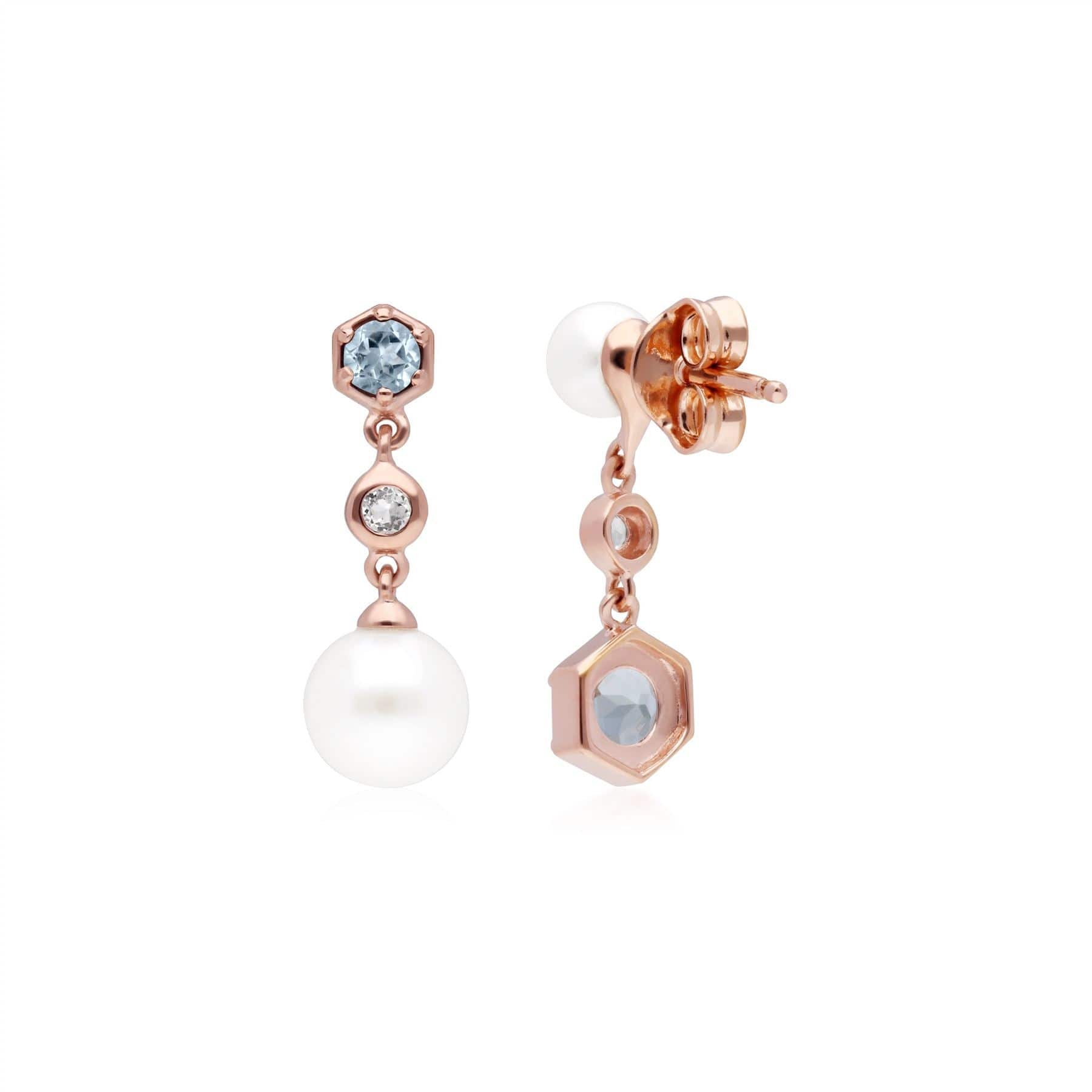 270E030305925 Modern Pearl, Aquamarine & Topaz Mismatched Drop Earrings in Rose Gold Plated Silver 2