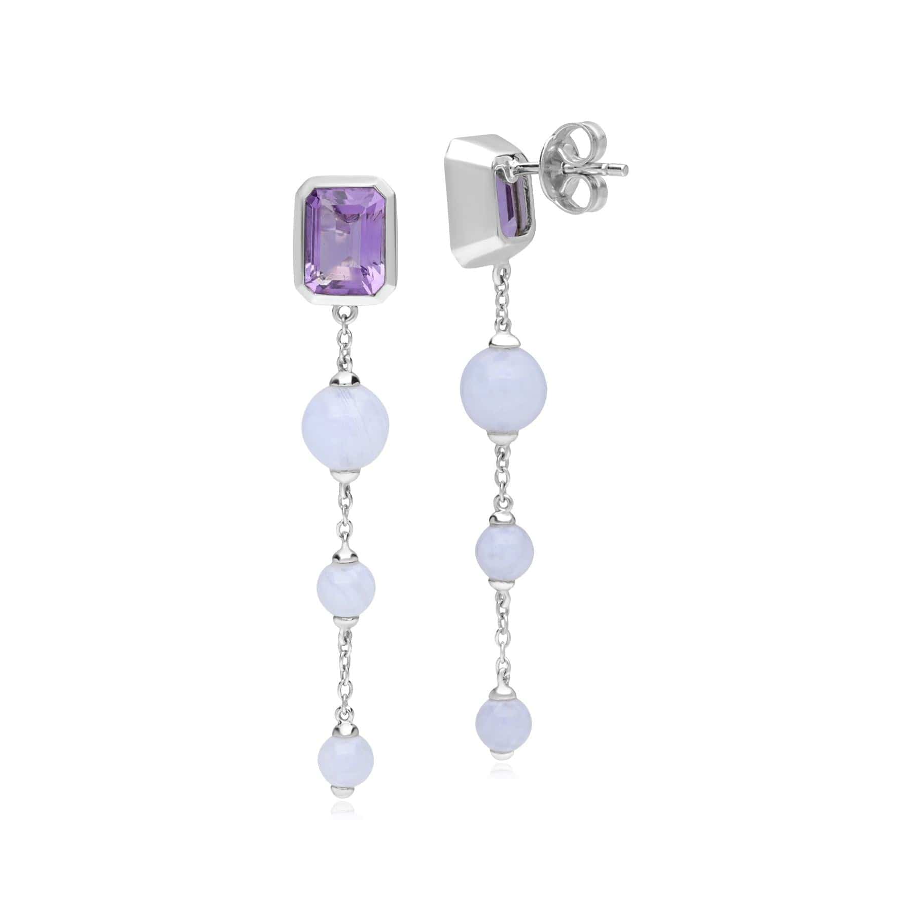 270E034101925 ECFEW™ Unifier Amethyst & Blue Lace Agate Dangle Drop Earrings In Sterling Silver 3