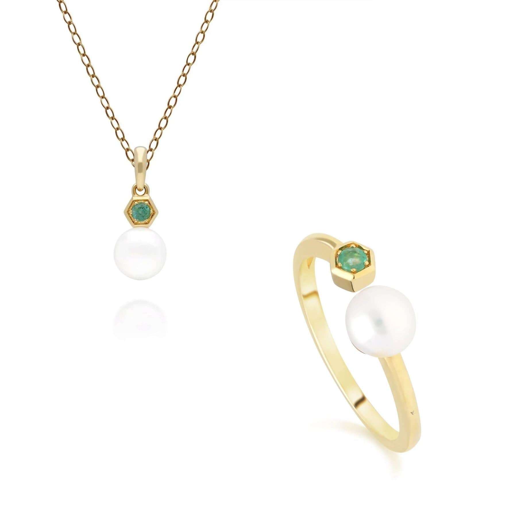 135P1965019-135R1840019 Modern Pearl & Emerald Pendant & Ring Set in 9ct Gold 1
