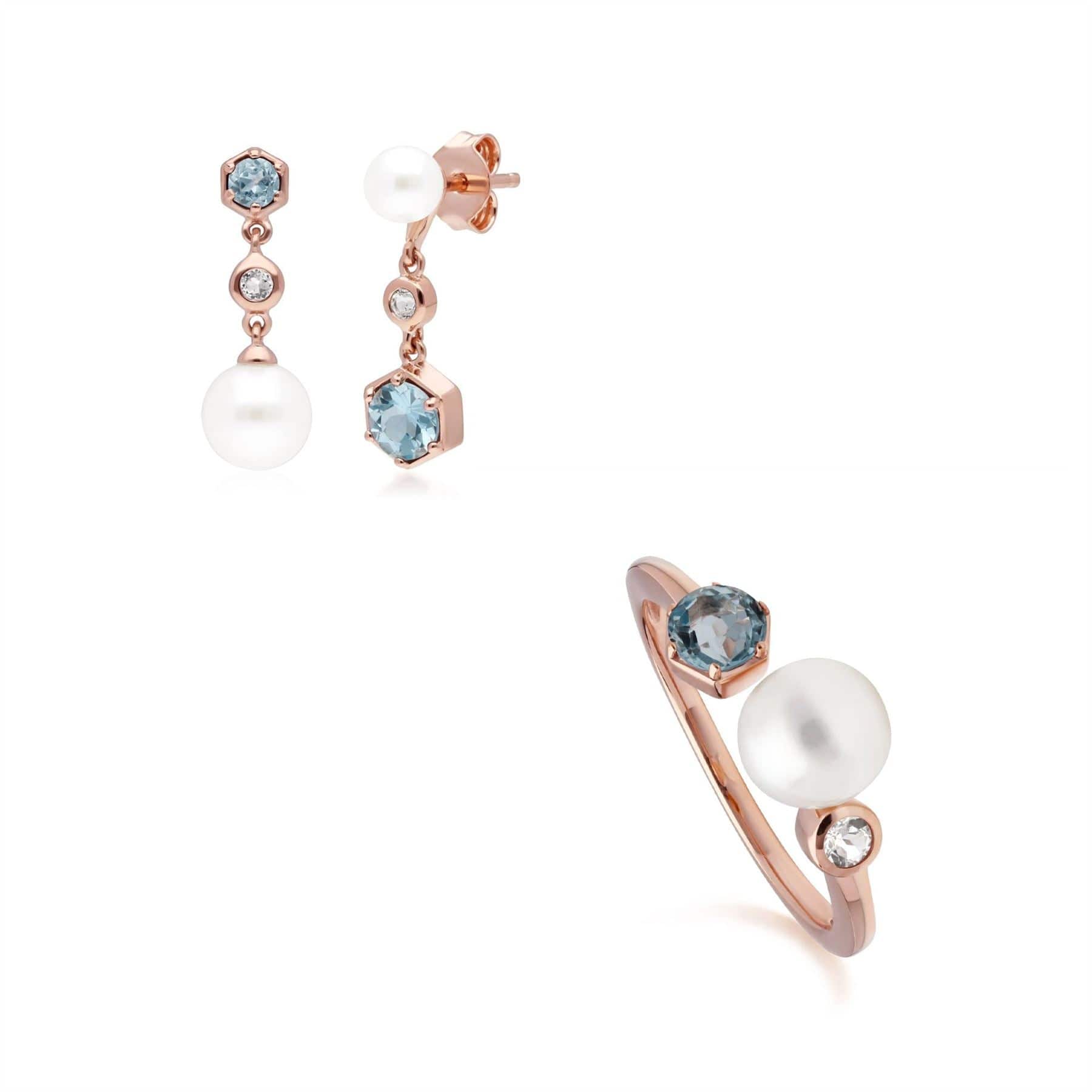 270E030310925-270R058810925 Modern Pearl & Topaz Earring & Ring Set in Rose Gold Plated Silver 1