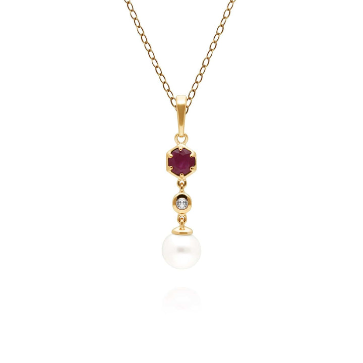 270P030102925 Modern Pearl, Ruby & Topaz Drop Pendant in Gold Plated Silver 1