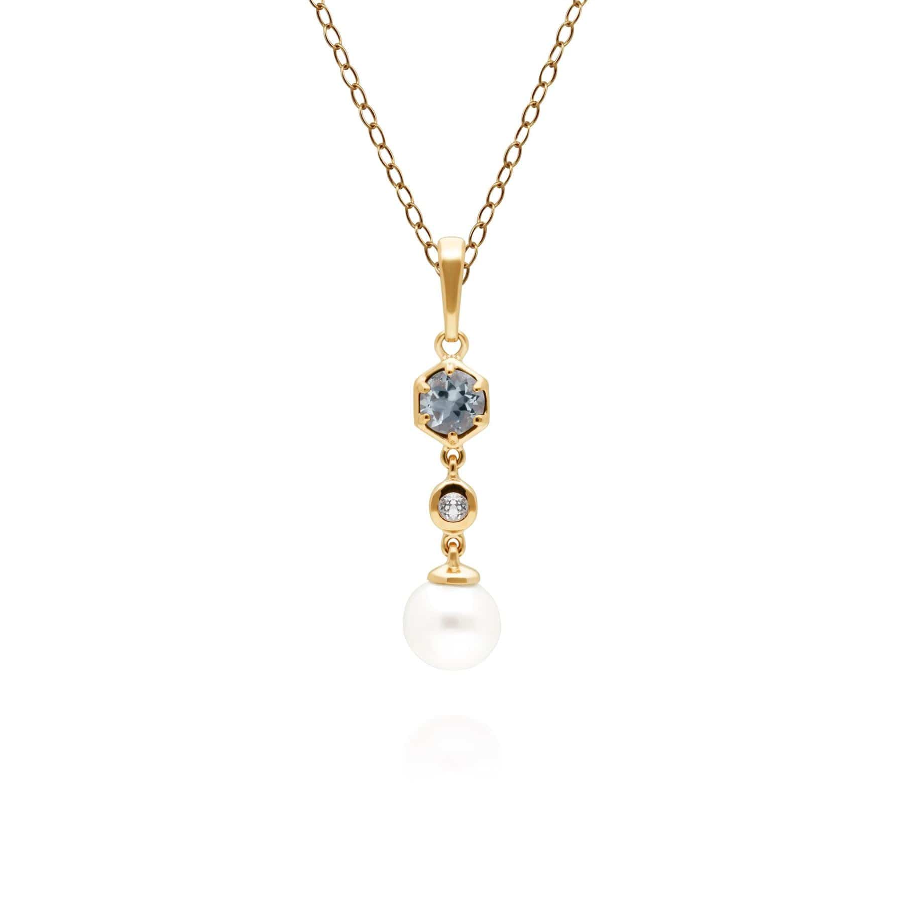 270P030105925 Modern Pearl, Aquamarine & Topaz Drop Pendant in Gold Plated Silver 1