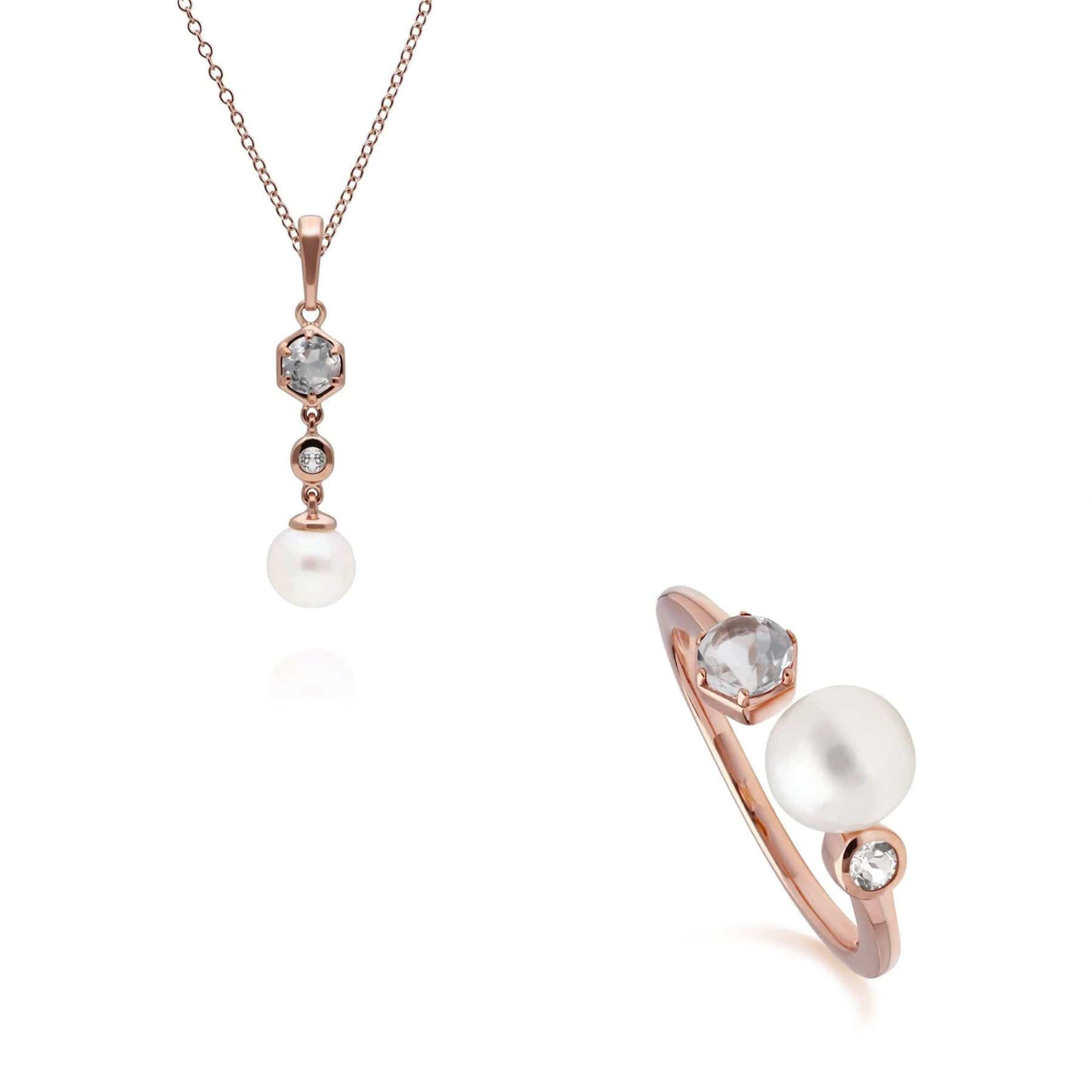 270P030309925-270R058809925 Modern Pearl & White Topaz Pendant & Ring Set in Rose Gold Plated Silver 1