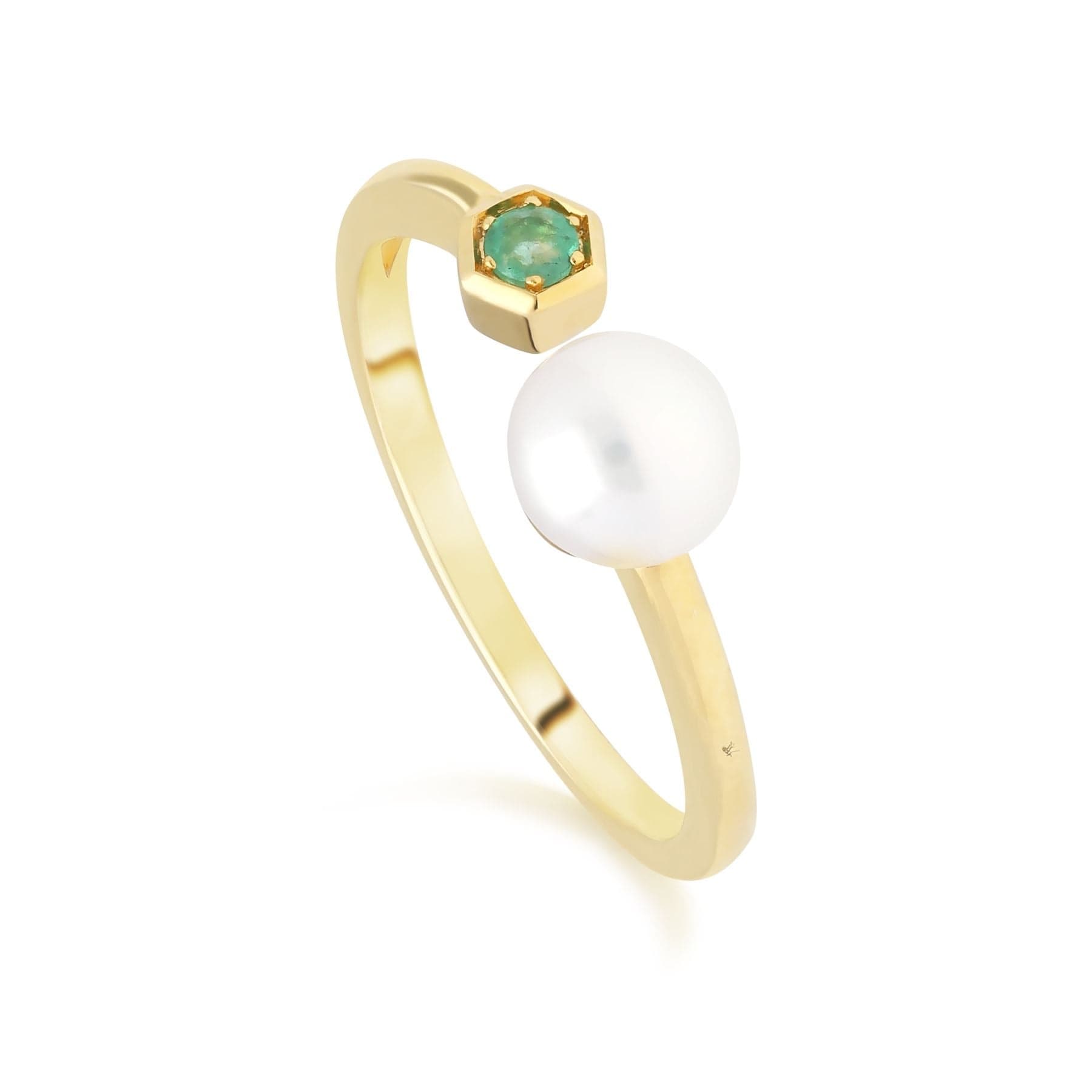 135R1840019 Modern Pearl & Emerald Open Ring in 9ct Gold 1