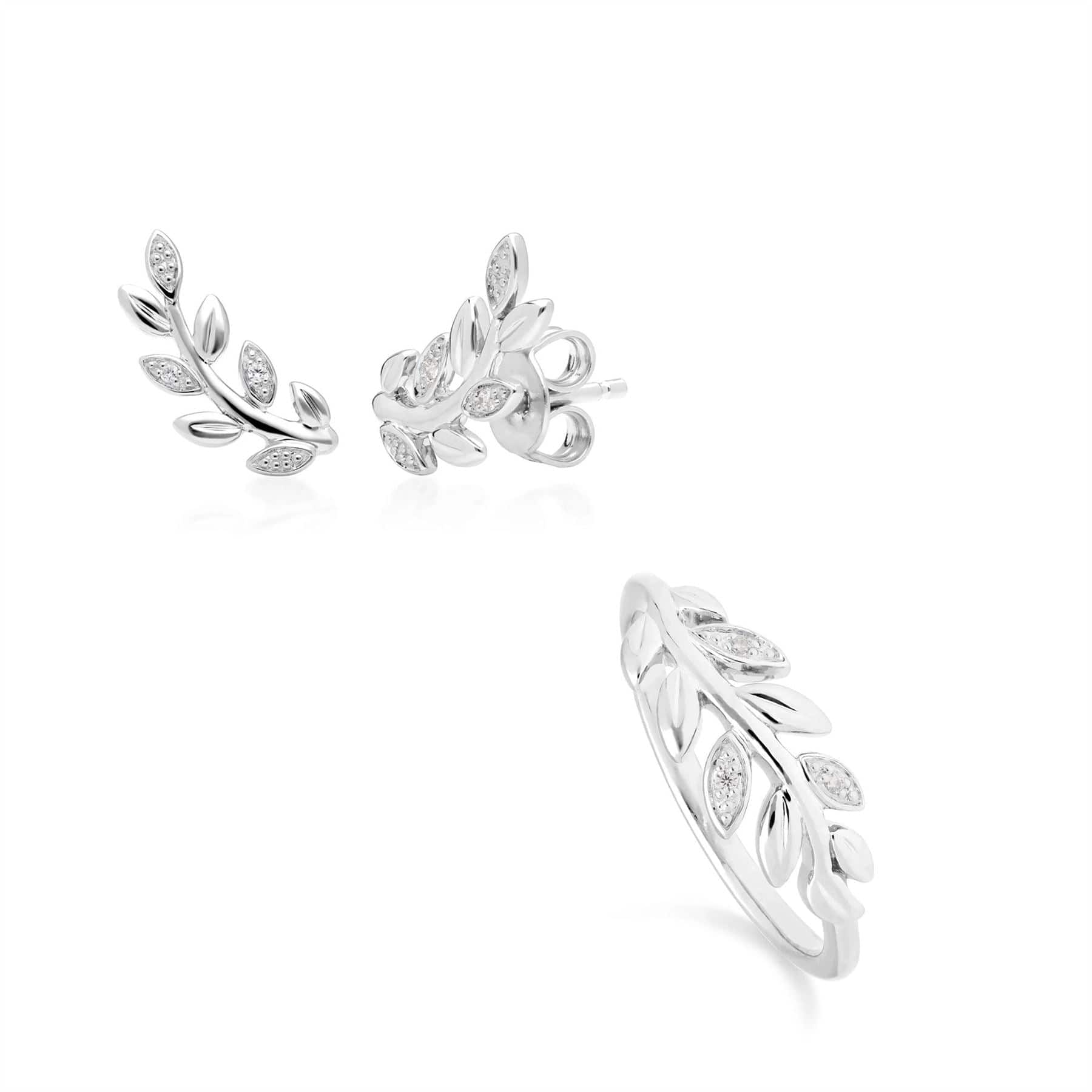 162E0273019-162R0397019 O Leaf Diamond Stud Earring & Ring Set in 9ct White Gold 1