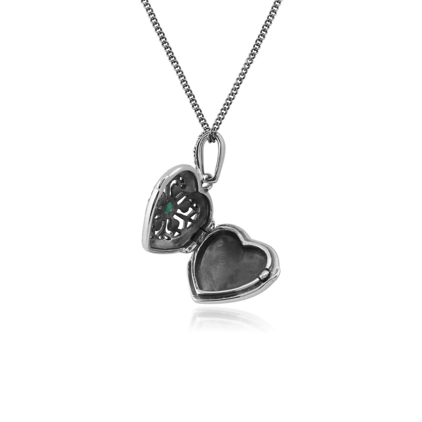 214N461910925 Art Nouveau Style Round Emerald & Marcasite Heart Necklace in 925 Sterling Silver 3