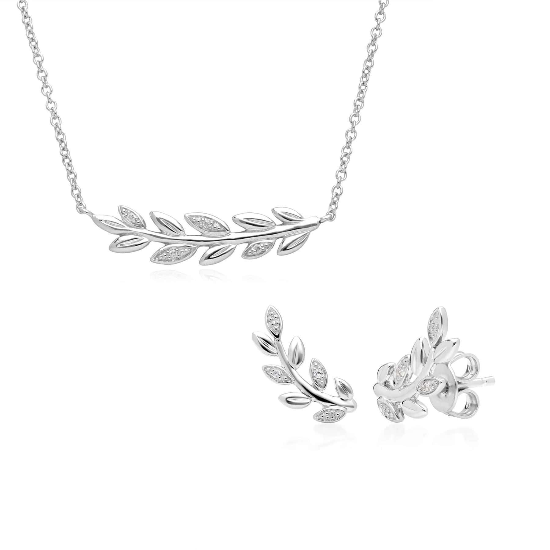 162N0035019-162E0273019 O Leaf Diamond Necklace & Stud Earring Set in 9ct White Gold 1