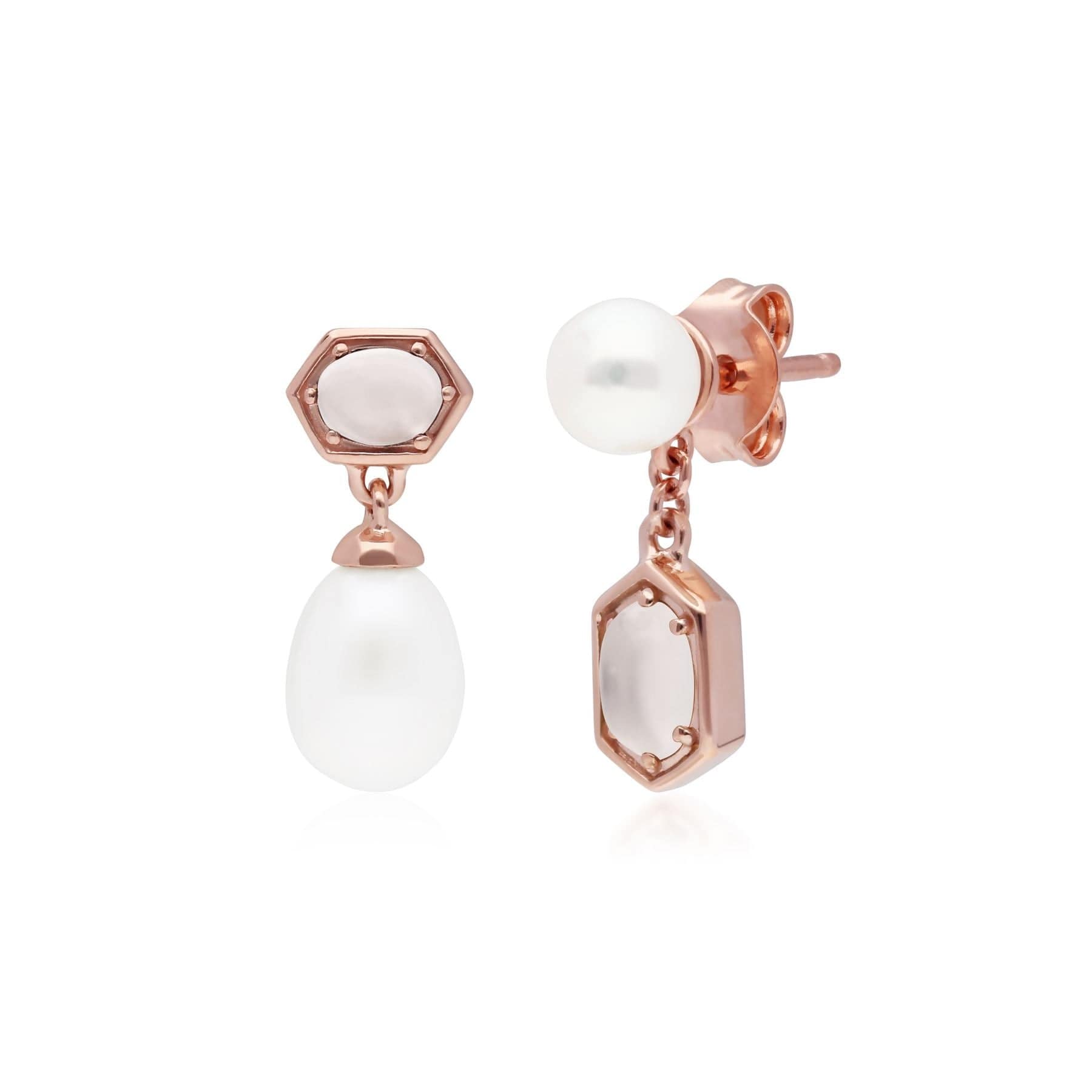 270E031002925 Modern Pearl & Moonstone Mismatched Drop Earrings in Rose Gold Plated Silver 1