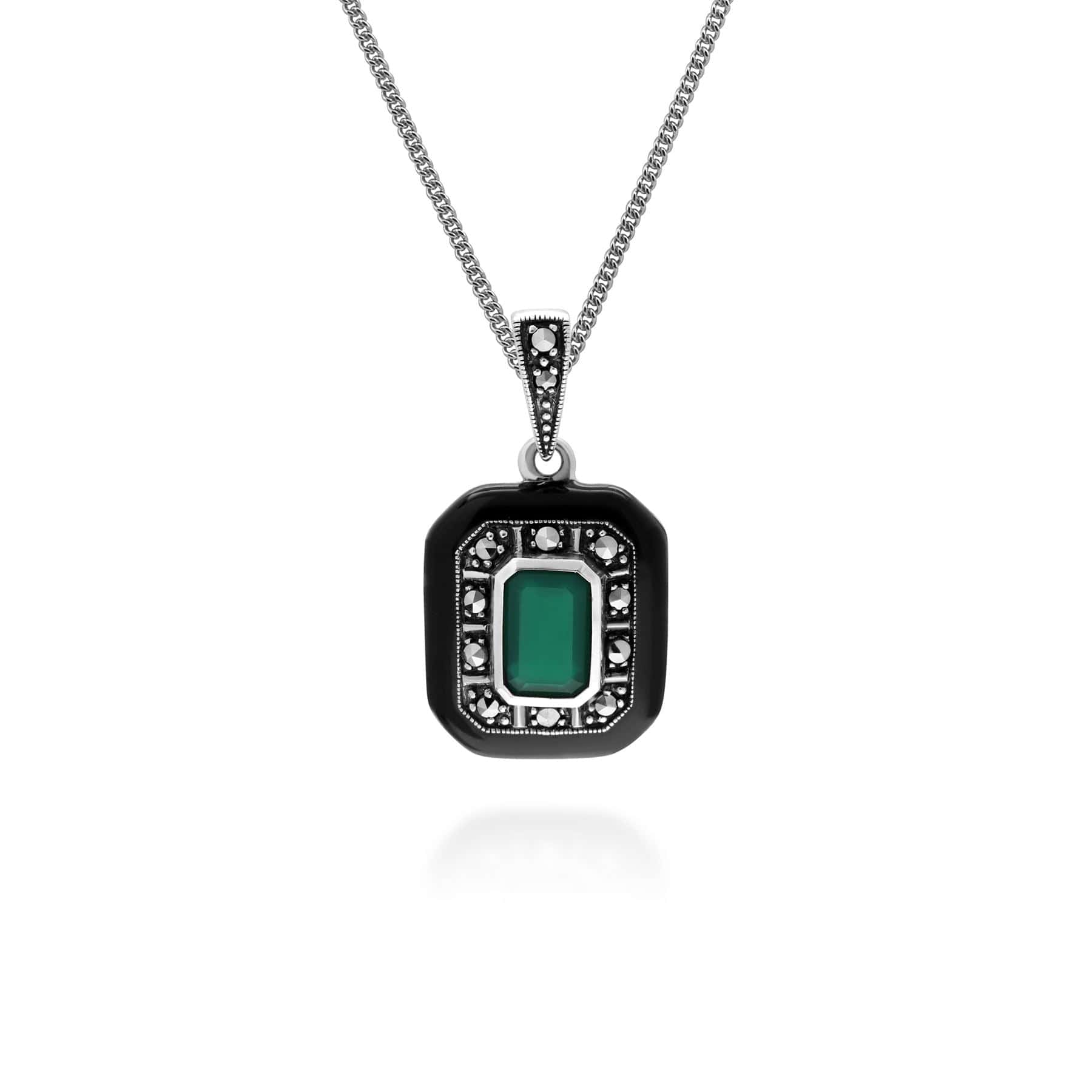 214P305001925 Art Deco Inspired Chalcedony, Enamel & Marcasite Pendant Necklace in Sterling Silver 1