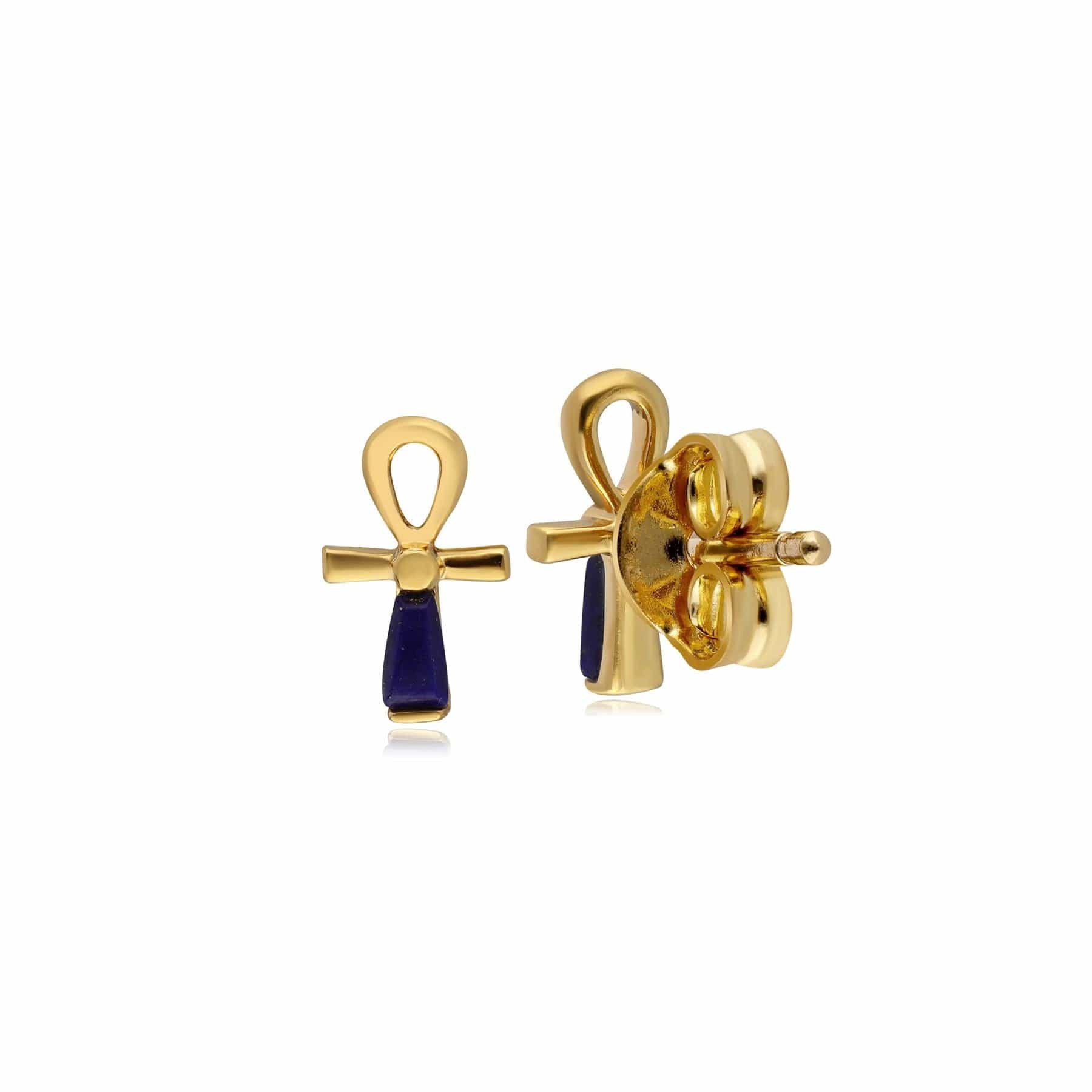 133E4120019 ECFEW™ Lapis Lazuli Ankh Stud Earrings In 9ct Yellow Gold 4