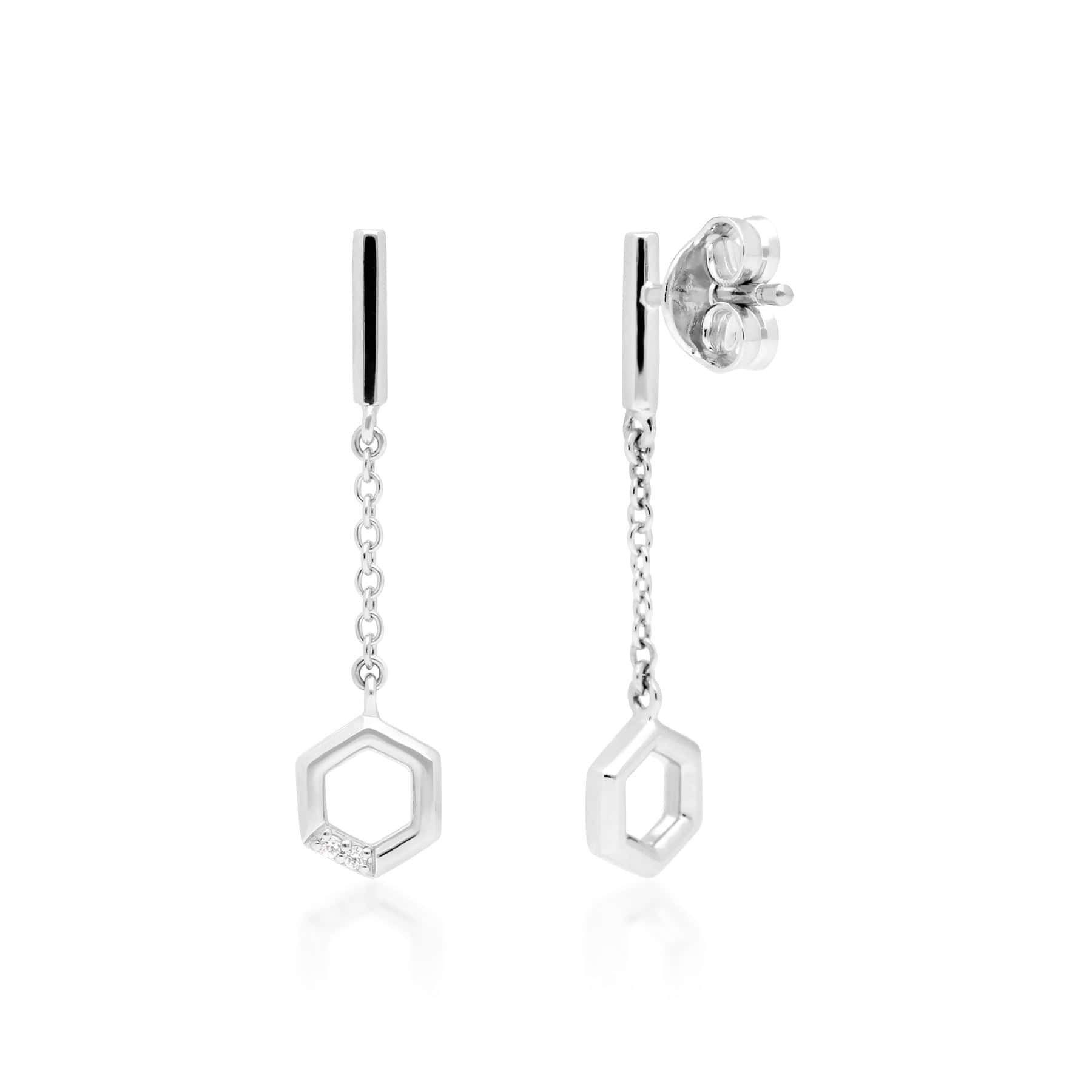 162E0275019 Diamond Pave Hexagon Dangle Drop Earrings in 9ct White Gold 2