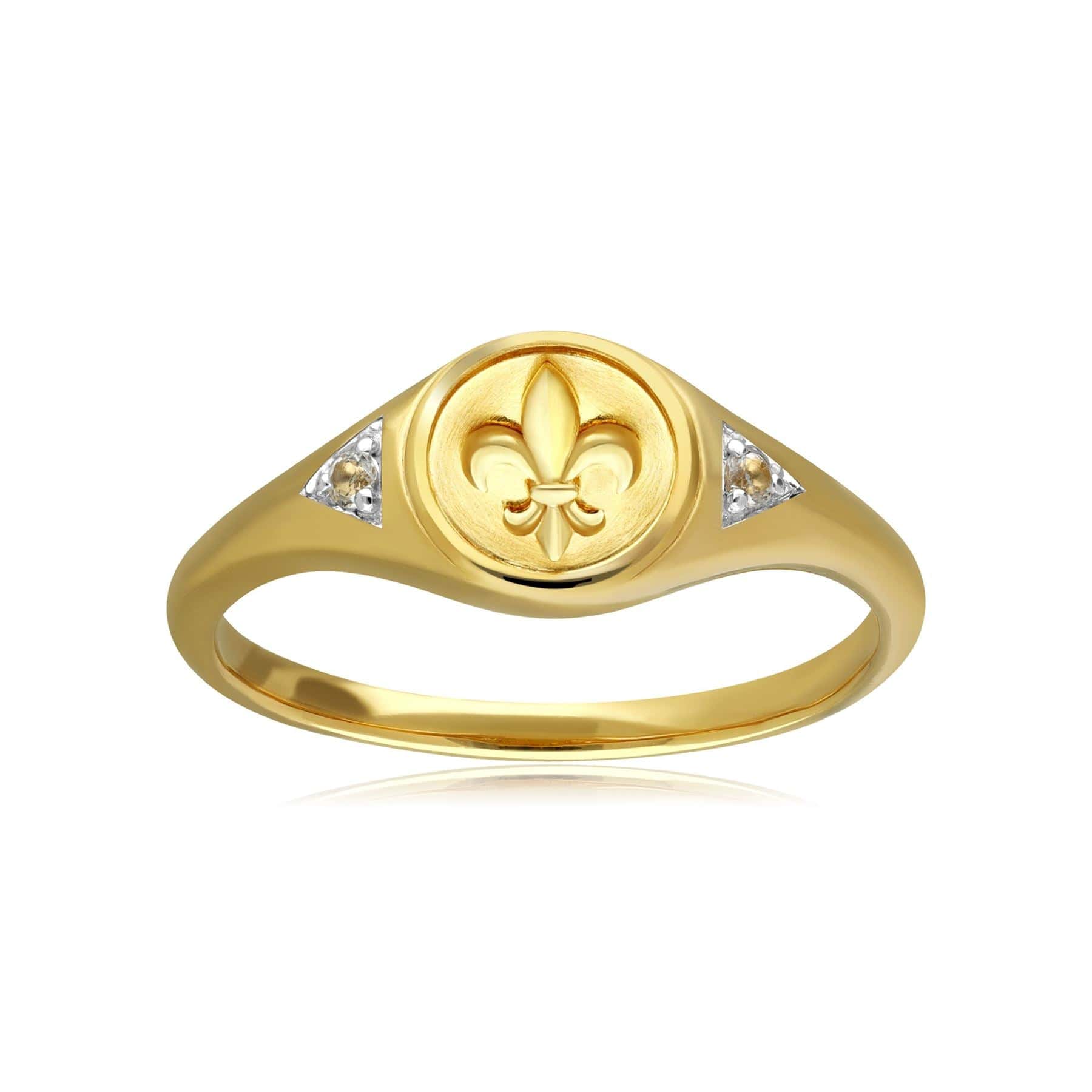 133R9473019 ECFEW™ White Topaz Fleur De Lis Signet Ring In 9ct Yellow Gold 3