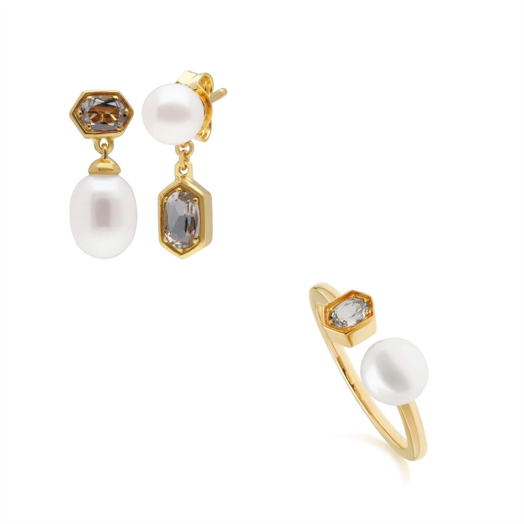 270E030209925-270R058710925 Modern Pearl & Topaz Earring & Ring Set in Gold Plated Silver 1