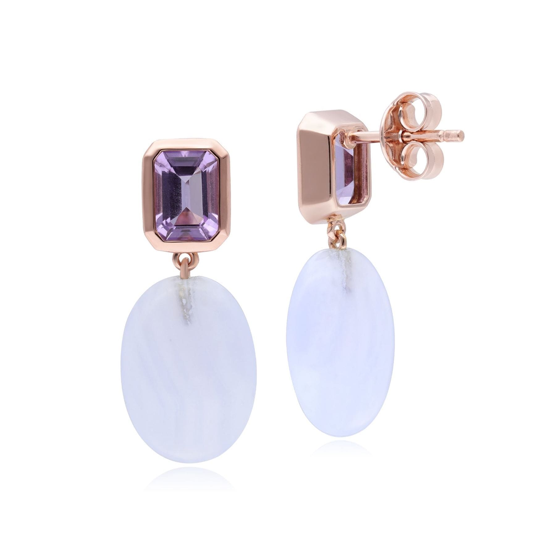 ECFEW™ Unifier Amethyst & Blue Lace Agate Drop Earrings In Rose Gold Plated Silver - Gemondo