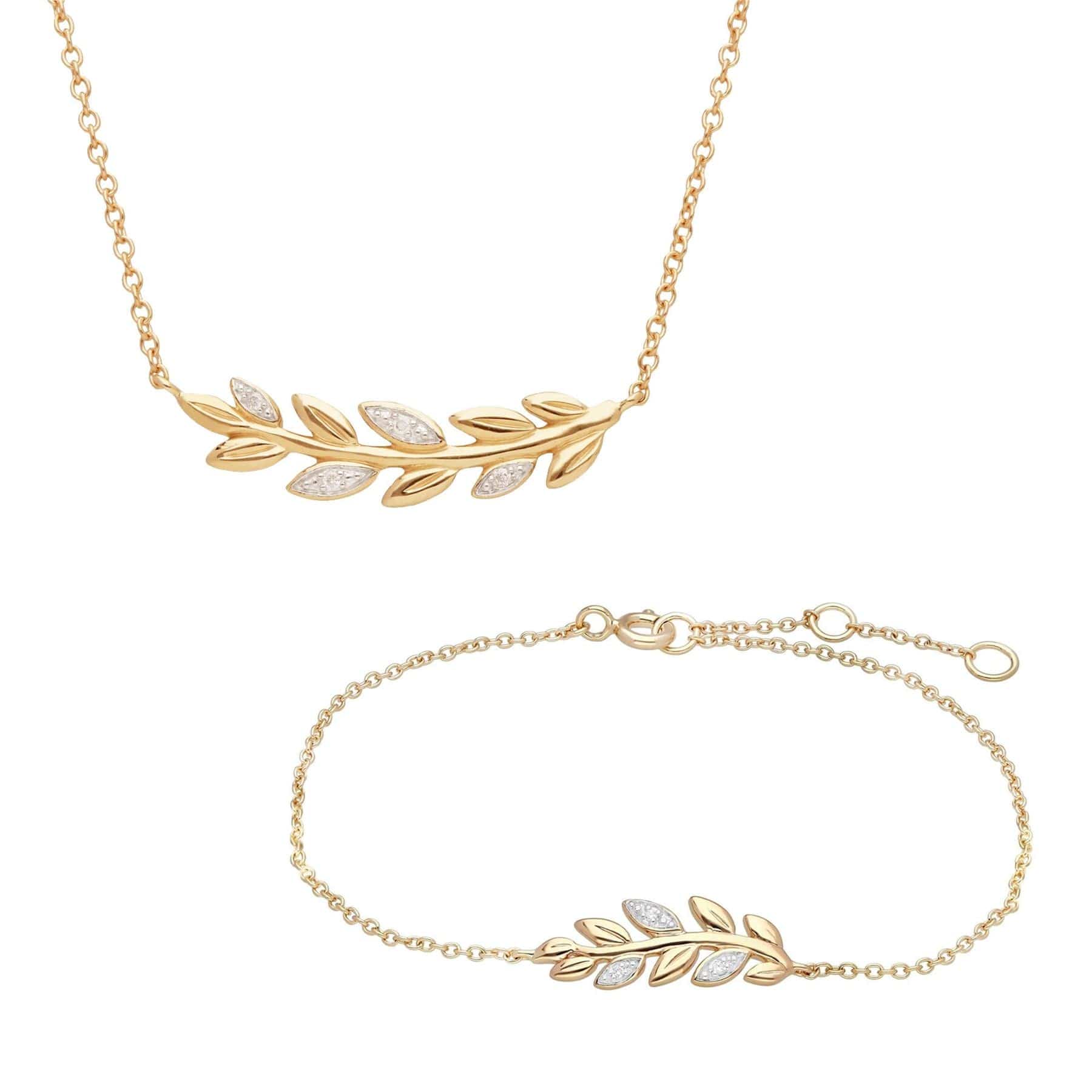 O Leaf Diamond Necklace and Bracelet Set in 9ct Yellow Gold - Gemondo