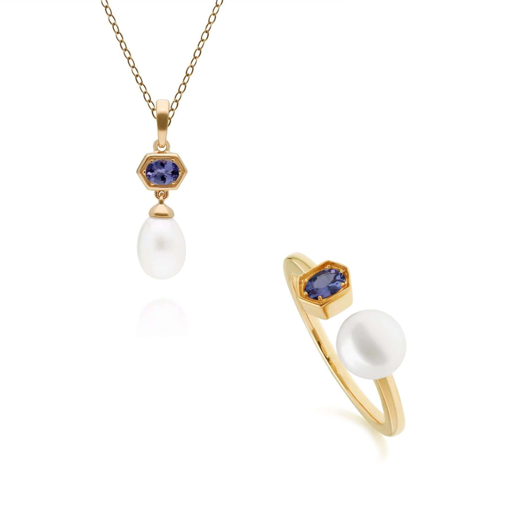 270P030208925-270R058709925 Modern Pearl & Tanzanite Pendant & Ring Set in Gold Plated Silver 1