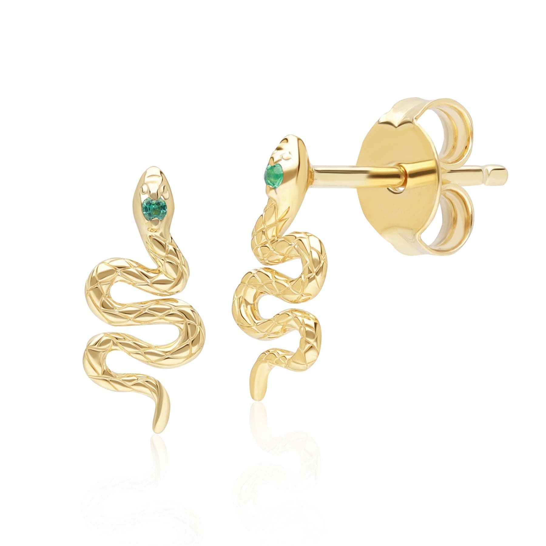 132E2793039 ECFEW™ Emerald Snake Wrap Stud Earrings in 9ct Yellow Gold Front