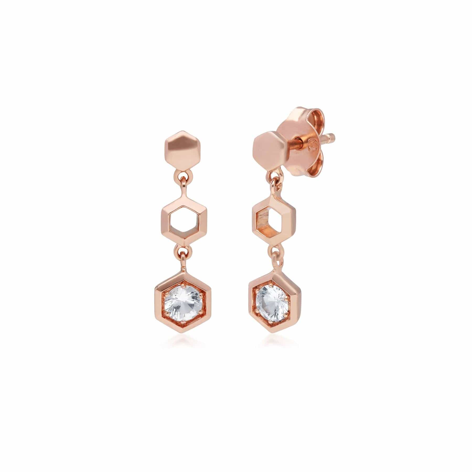 135E1631019 Honeycomb Inspired Clear Sapphire Drop Earrings in 9ct Rose Gold 1